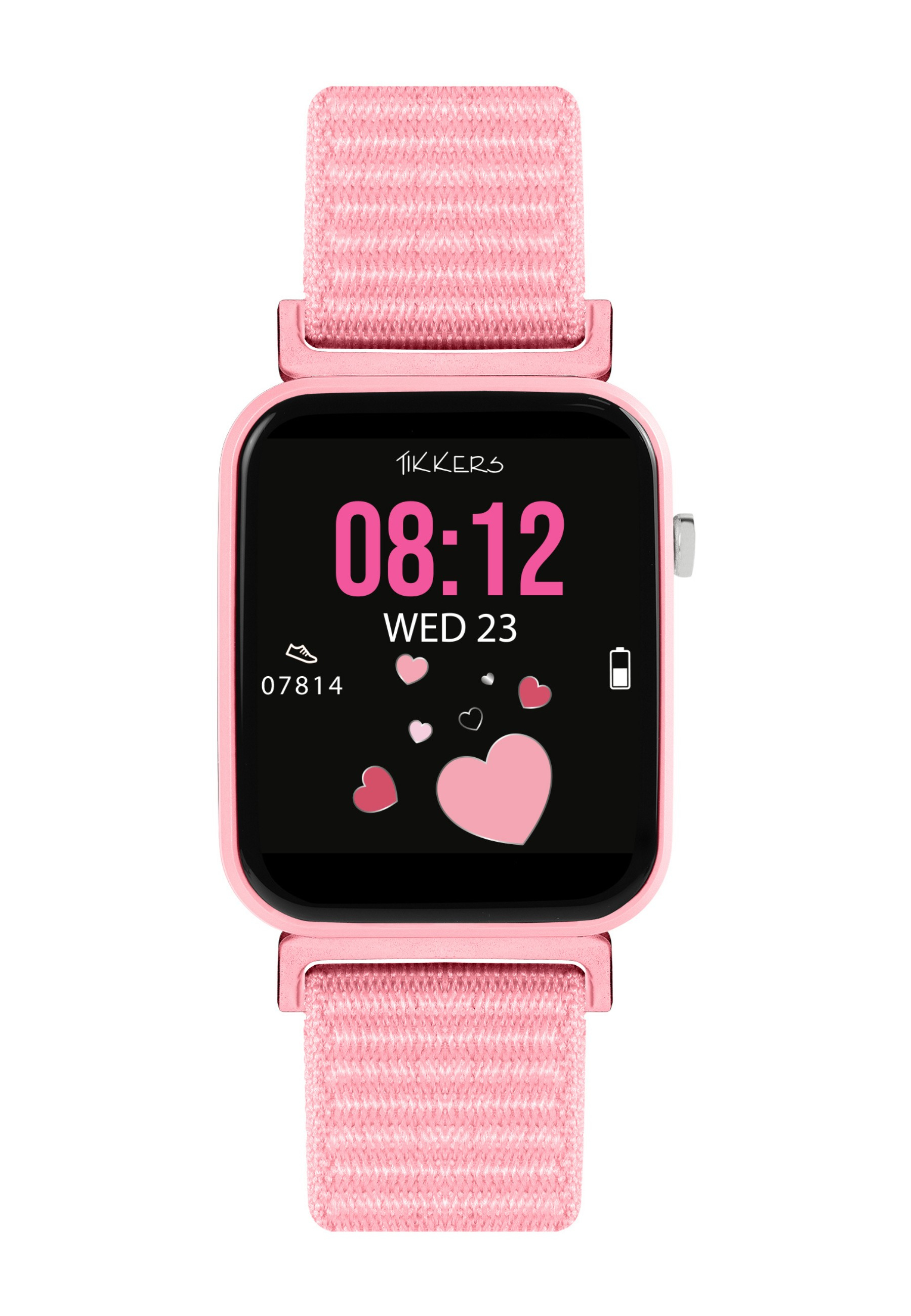 Rosa Smartwatch mit schwarzem Bildschirm, der Zeit, Datum und Herzsymbole anzeigt, auf rosa Stoffband, weißer Hintergrund.