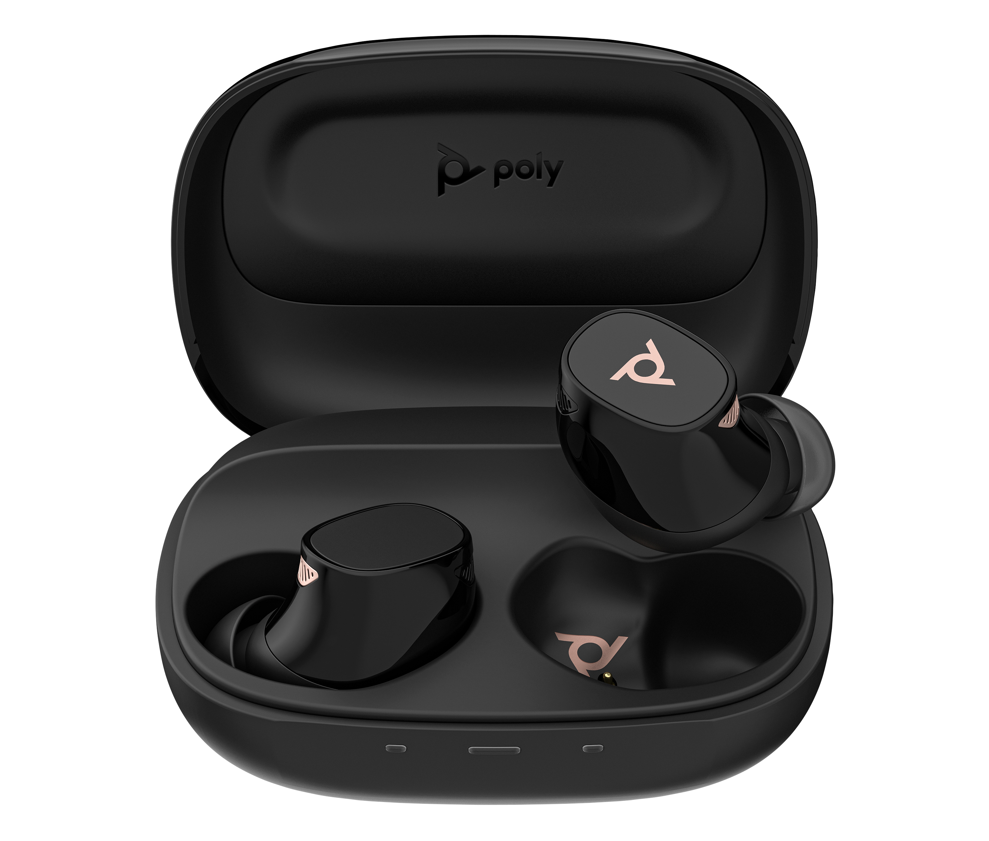 Auricolari Poly neri in una custodia aperta, con dettagli oro rosa. La custodia ha il logo Poly.