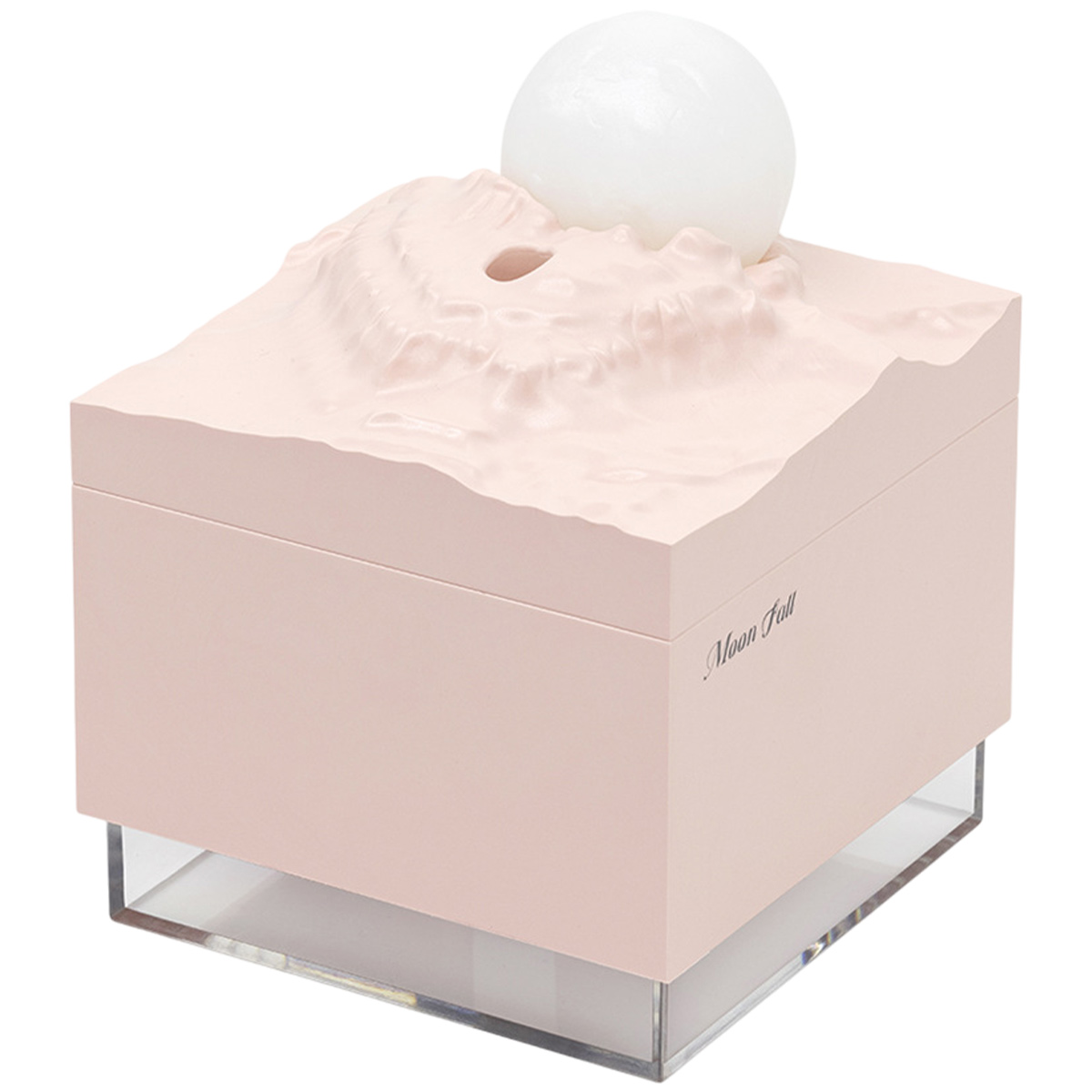 Eine rosa Box mit strukturierter Oberseite und einer weißen Kugel darauf. Die Box hat eine klare Basis und die Worte 'Moon Fall' sind geschrieben.