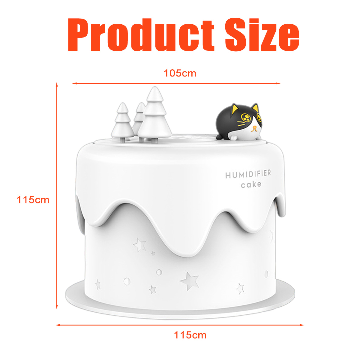 Weißer Luftbefeuchter in Kuchenform mit Katze und Bäumen oben. Produktgröße: 105x115x115cm. Text 'Produktgröße' oben.