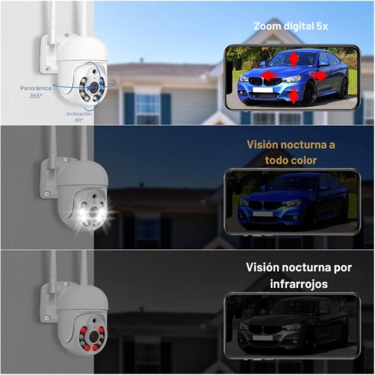 La imagen muestra una cámara de seguridad con funciones de zoom y modos de visión nocturna, mostrando coches en la pantalla de un teléfono. Una casa está en el fondo.