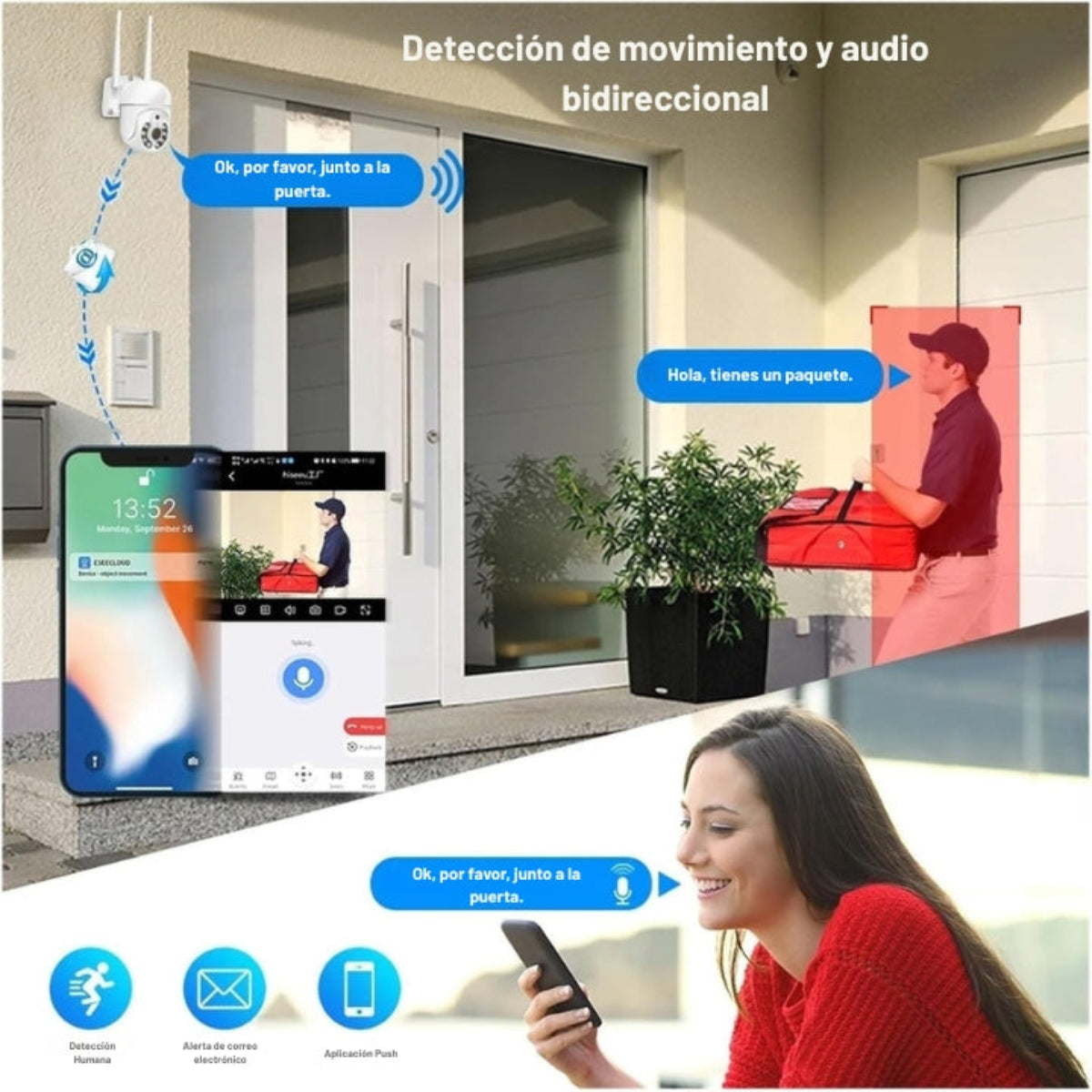 Una mujer usa un teléfono conectado a una cámara de seguridad. Un repartidor está en la puerta. El teléfono muestra una transmisión en vivo.