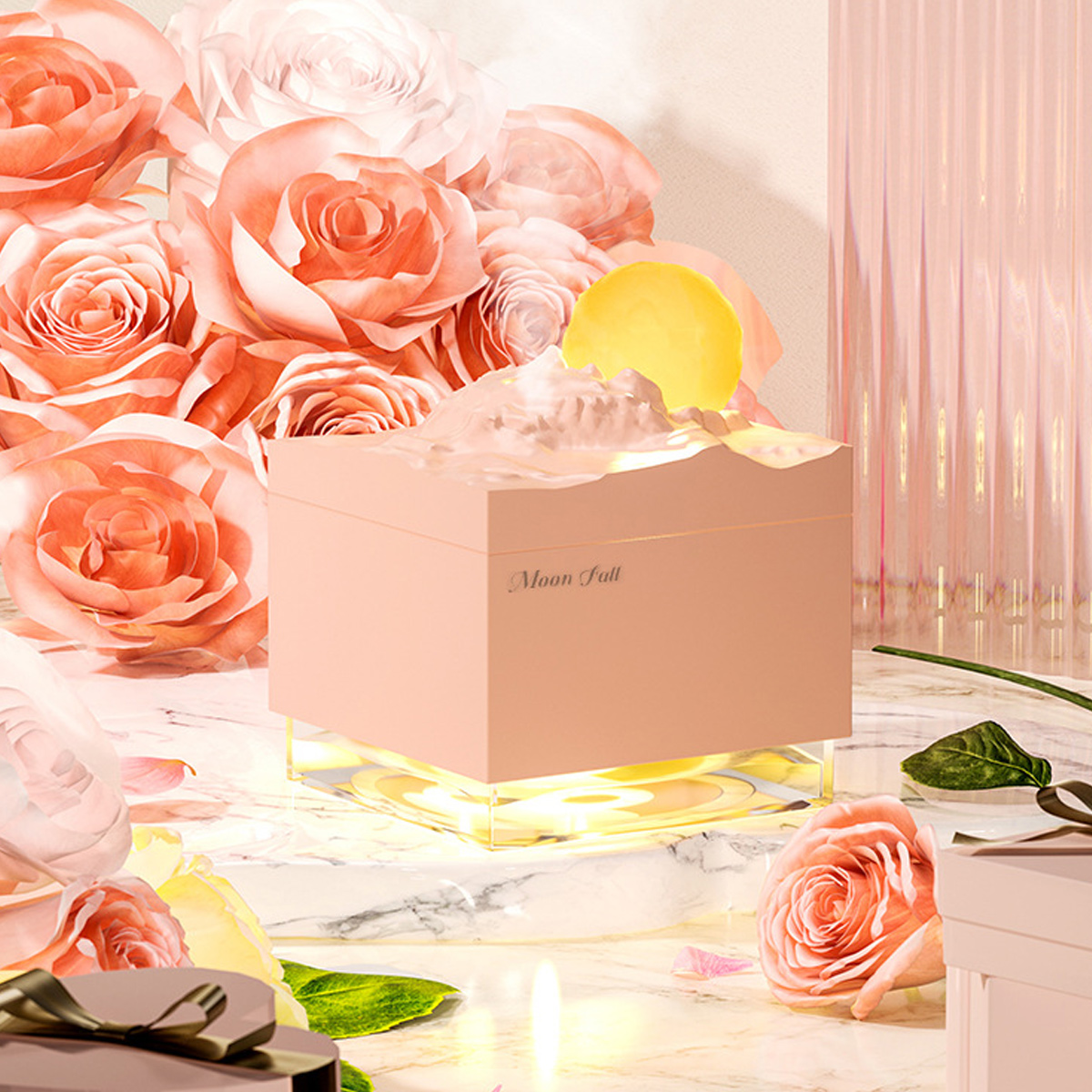 Eine rosa Box mit dem Text 'Moon Fall' steht inmitten von Rosen. Ein gelber Ball scheint darüber, was einen Mond andeutet. Rosen und Marmor vervollständigen die Szene.