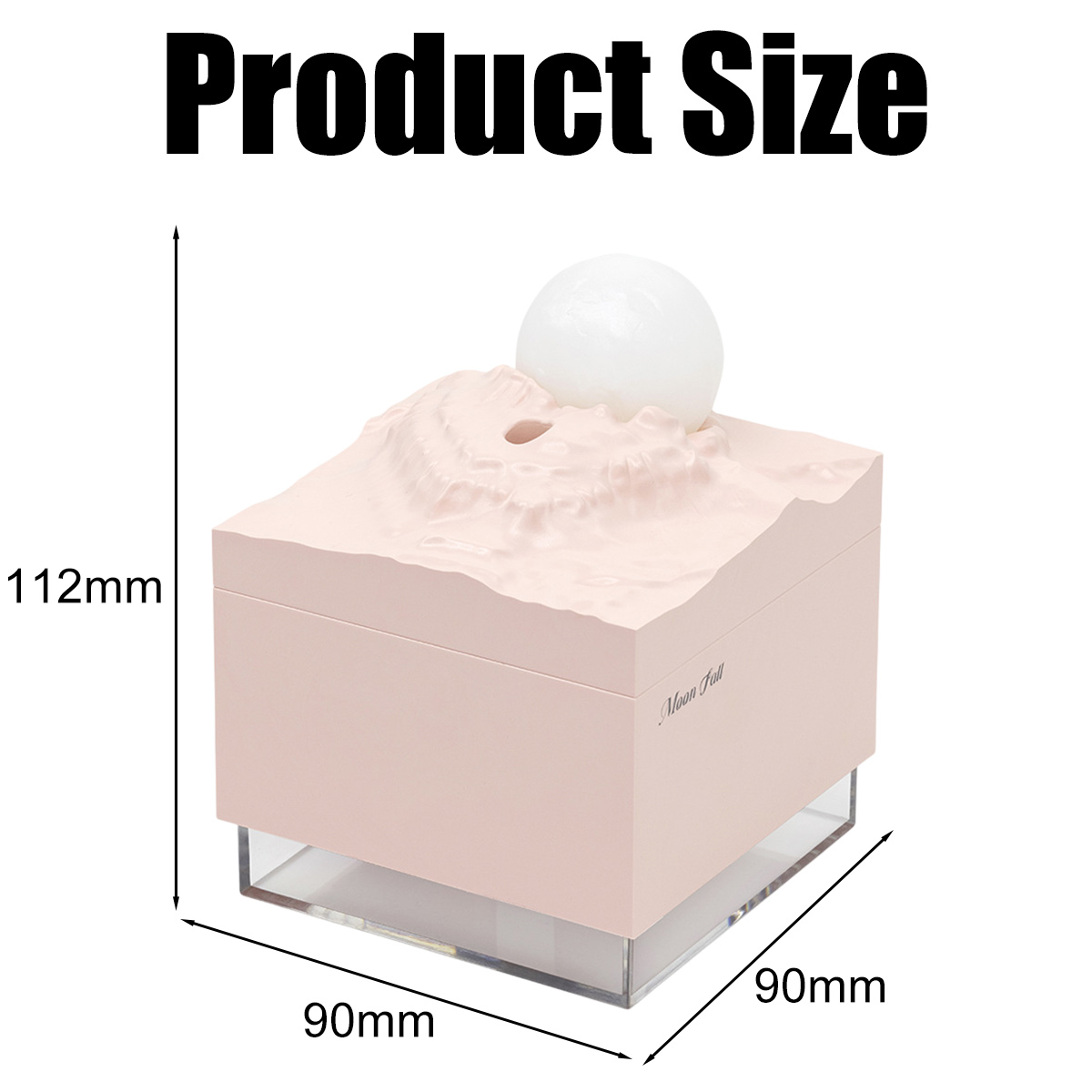 Ein Produkt mit einer rosa Box und einer weißen Kugel oben, die einem Mond ähnelt. Abmessungen sind 90x90x112mm. Text 'Produktgröße' steht oben.
