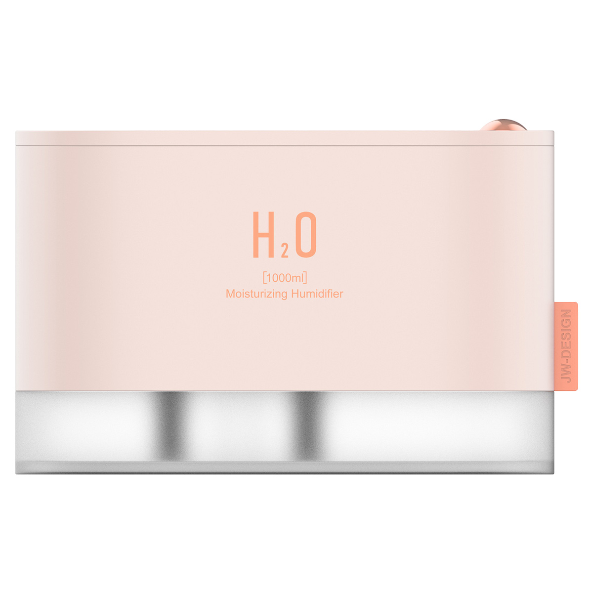 Ein rosa Luftbefeuchter mit der Aufschrift 'H2O' und einer Kapazität von '1000ml'. Er hat einen silbernen Sockel und ein 'JW-DESIGN'-Etikett.