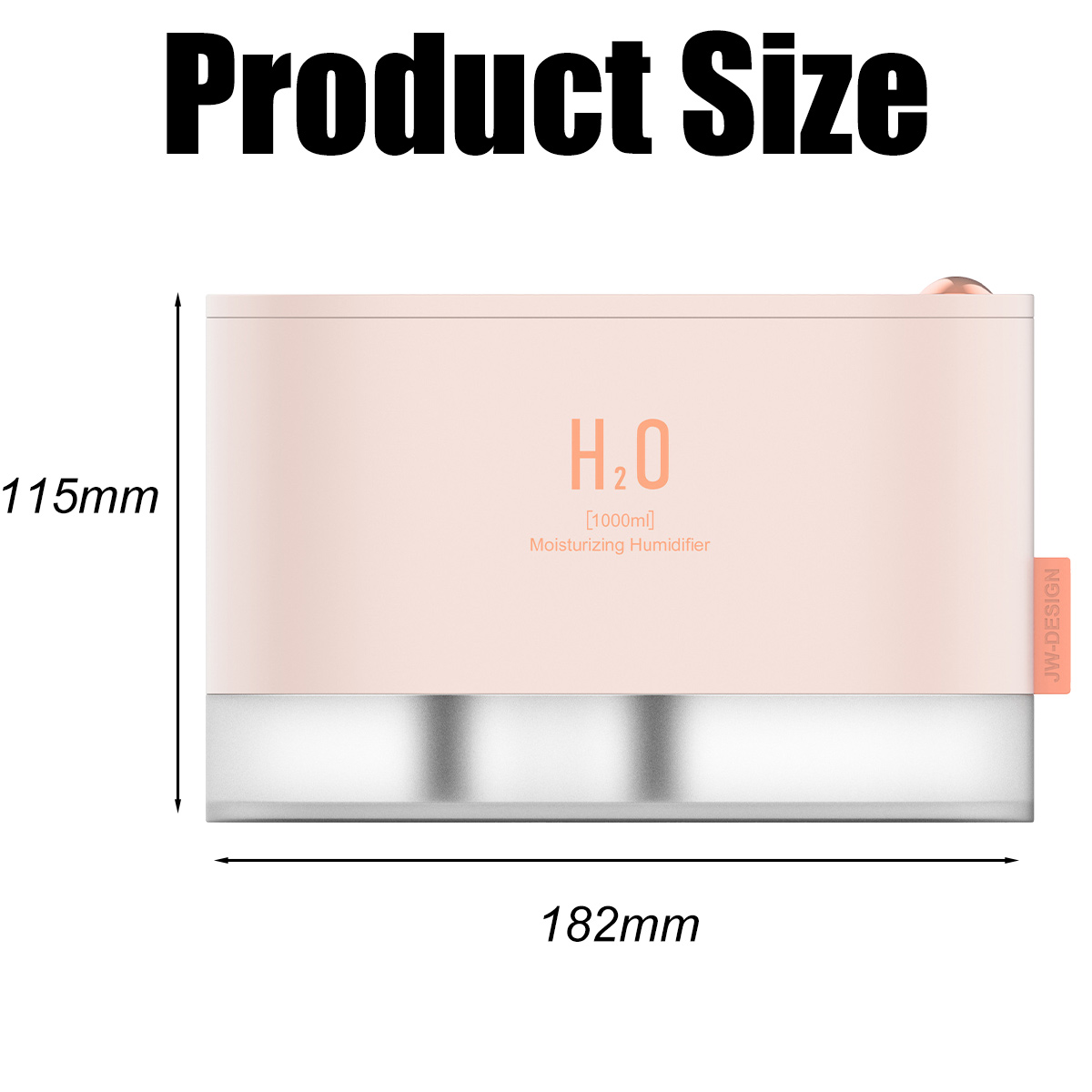 Produktgrößenanzeige: ein rosa Luftbefeuchter, 115 mm hoch und 182 mm breit. Er hat ein H2O-Logo und den Text 'Moisturizing Humidifier'.