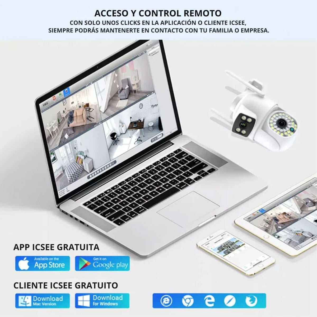 Ordenador portátil mostrando las transmisiones de cámaras de seguridad, con cámara, tableta y smartphone. Texto: 'Acceso y control remoto'.
