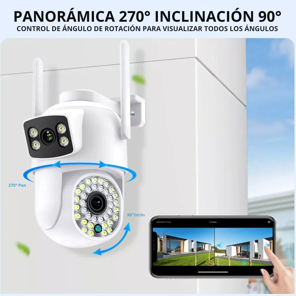 Cámara de seguridad blanca con antenas, mostrando 270° de giro y 90° de inclinación. Un teléfono muestra la vista de la cámara, una casa.