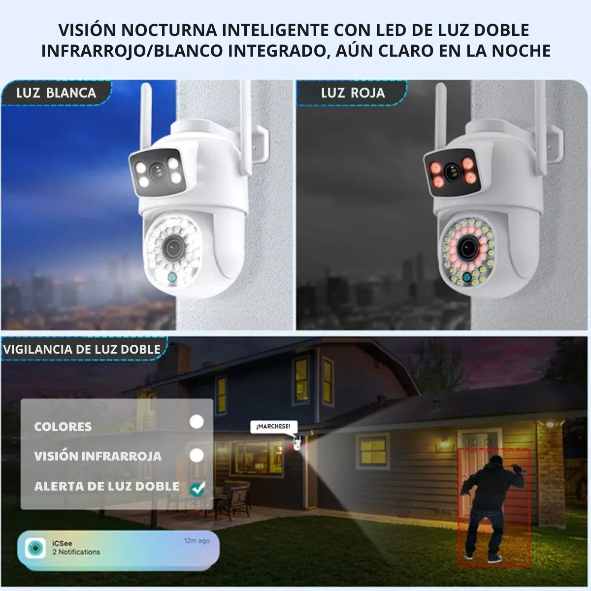 La imagen muestra una cámara de seguridad con visión nocturna, con luces blancas y rojas. Una persona se destaca en rojo en un césped.