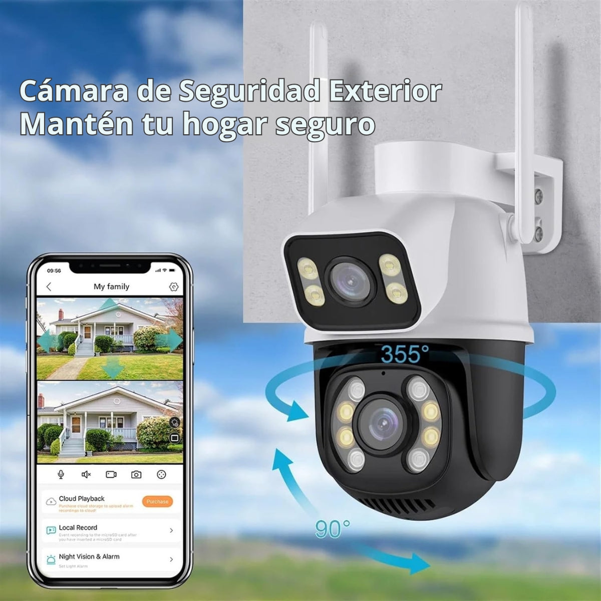 Una cámara de seguridad con un teléfono que muestra imágenes domésticas. Textos en español dicen 'Cámara de Seguridad Exterior, Mantén tu hogar seguro'.