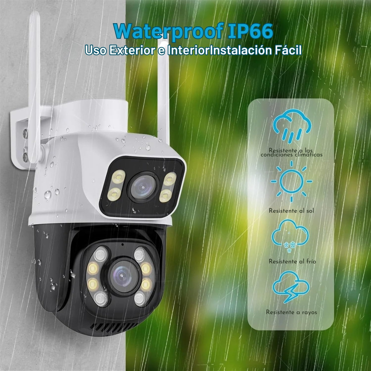 Una cámara de seguridad blanca y negra con antenas. Está lloviendo. El texto indica que es impermeable y resistente al clima.