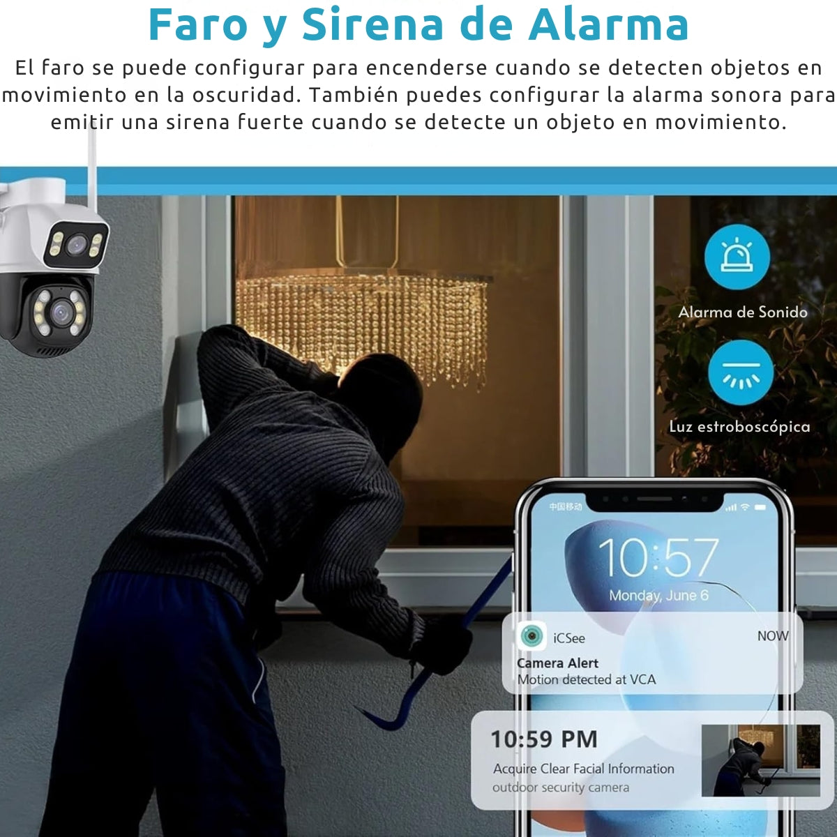 Un ladrón irrumpe en una casa con una palanca. Un teléfono muestra una alerta de cámara. Cámara de seguridad arriba a la izquierda.