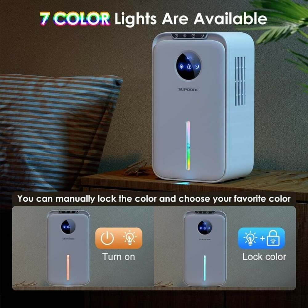 Ein weißer Luftreiniger mit Display und 7-farbigen Lichtern. Text: '7 COLOR Lights Are Available'. Darunter Bediensymbole.