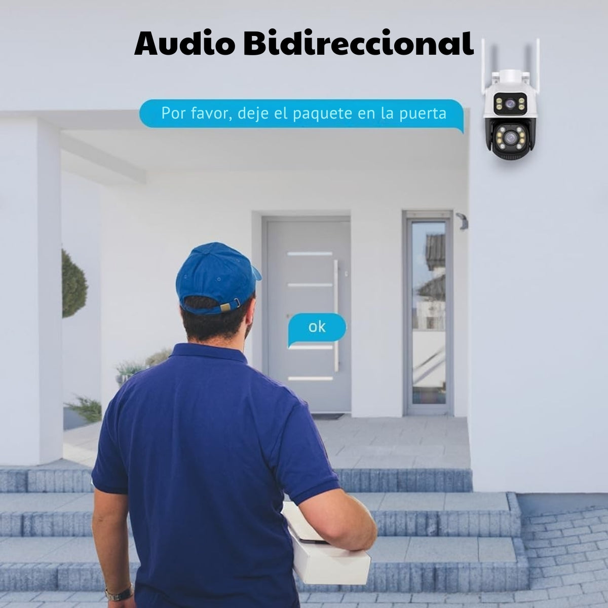 Un repartidor con un paquete frente a una casa. Una cámara de seguridad montada en la pared. Aparecen bocadillos de texto.