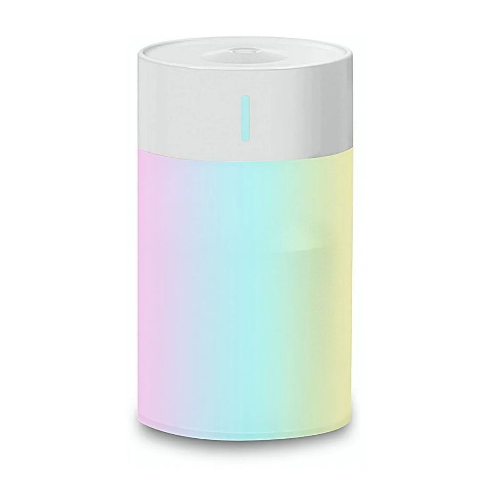 Weißer, zylindrischer Luftbefeuchter mit Regenbogenverlauf im unteren Teil und weißem Deckel. Ein blaues Licht leuchtet.