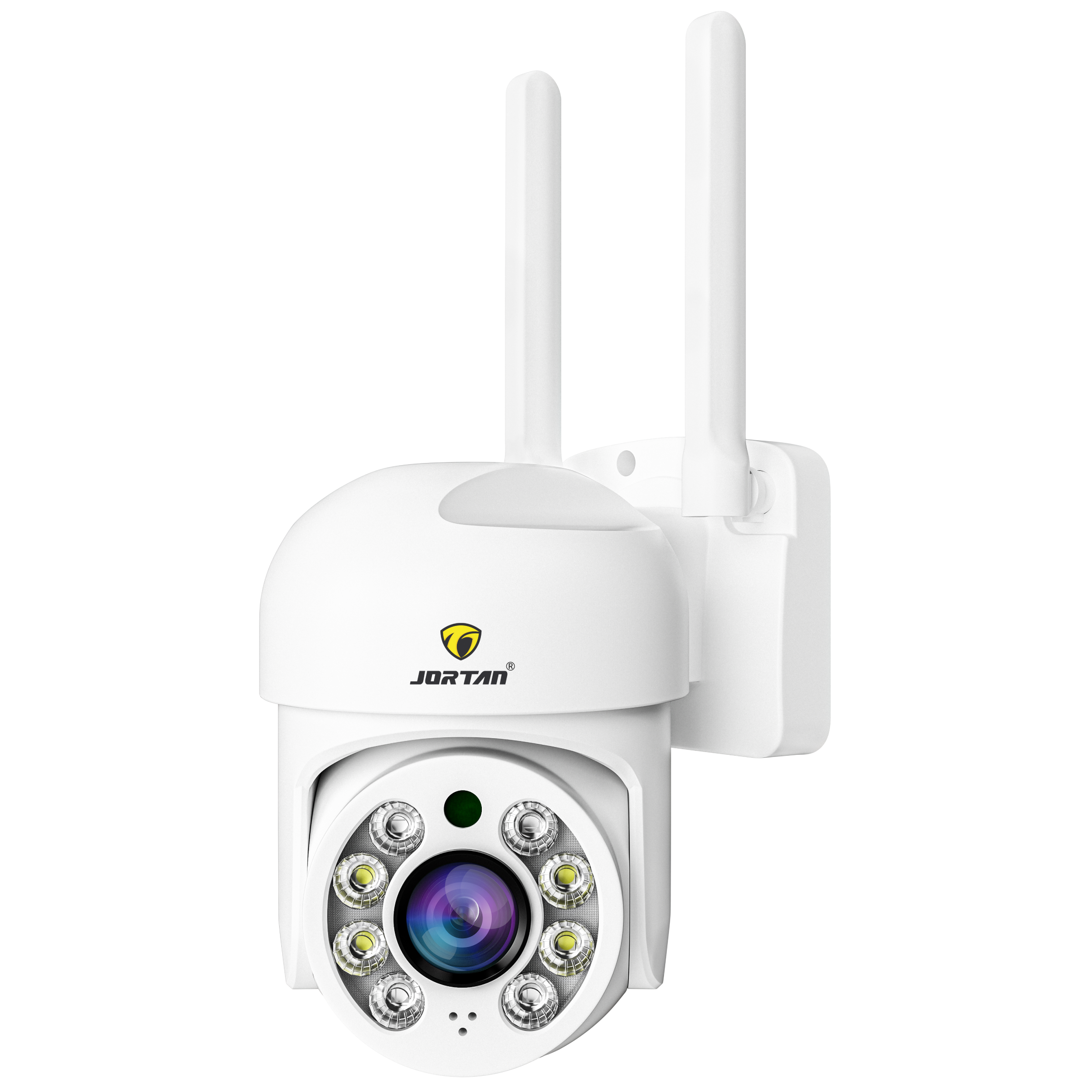 Una cámara de seguridad blanca con dos antenas y una lente rodeada de luces. La marca es JORTAN.