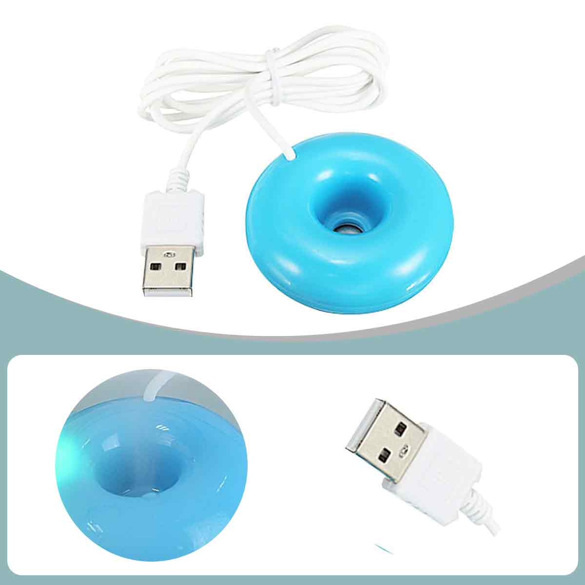 Ein blaues, donut-förmiges Gerät mit einem weißen USB-Kabel. Das Bild zeigt Details des Geräts und des USB-Anschlusses.