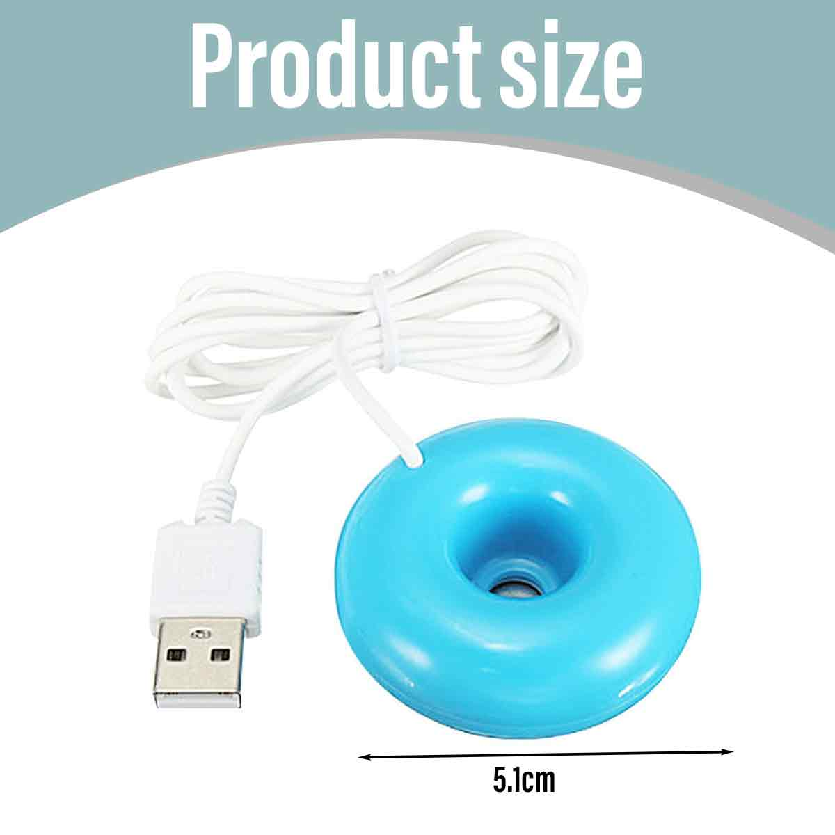 Ein blaues, donutformiges Objekt mit weißem Kabel und USB-Anschluss. Der Text 'Produktgröße' steht darüber und '5,1 cm' ist angegeben.
