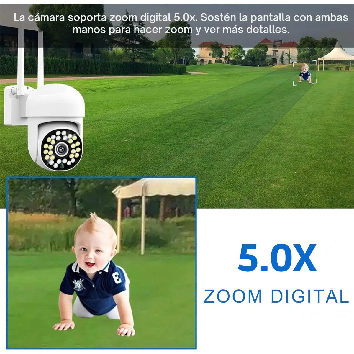 Una cámara de seguridad con un bebé gateando sobre hierba. El fondo tiene césped y edificios, y texto sobre zoom.