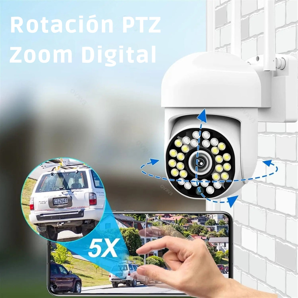 Cámara de seguridad blanca con zoom, mostrando un coche en la pantalla. Una mano toca la pantalla. El texto dice: Rotación PTZ Zoom Digital.