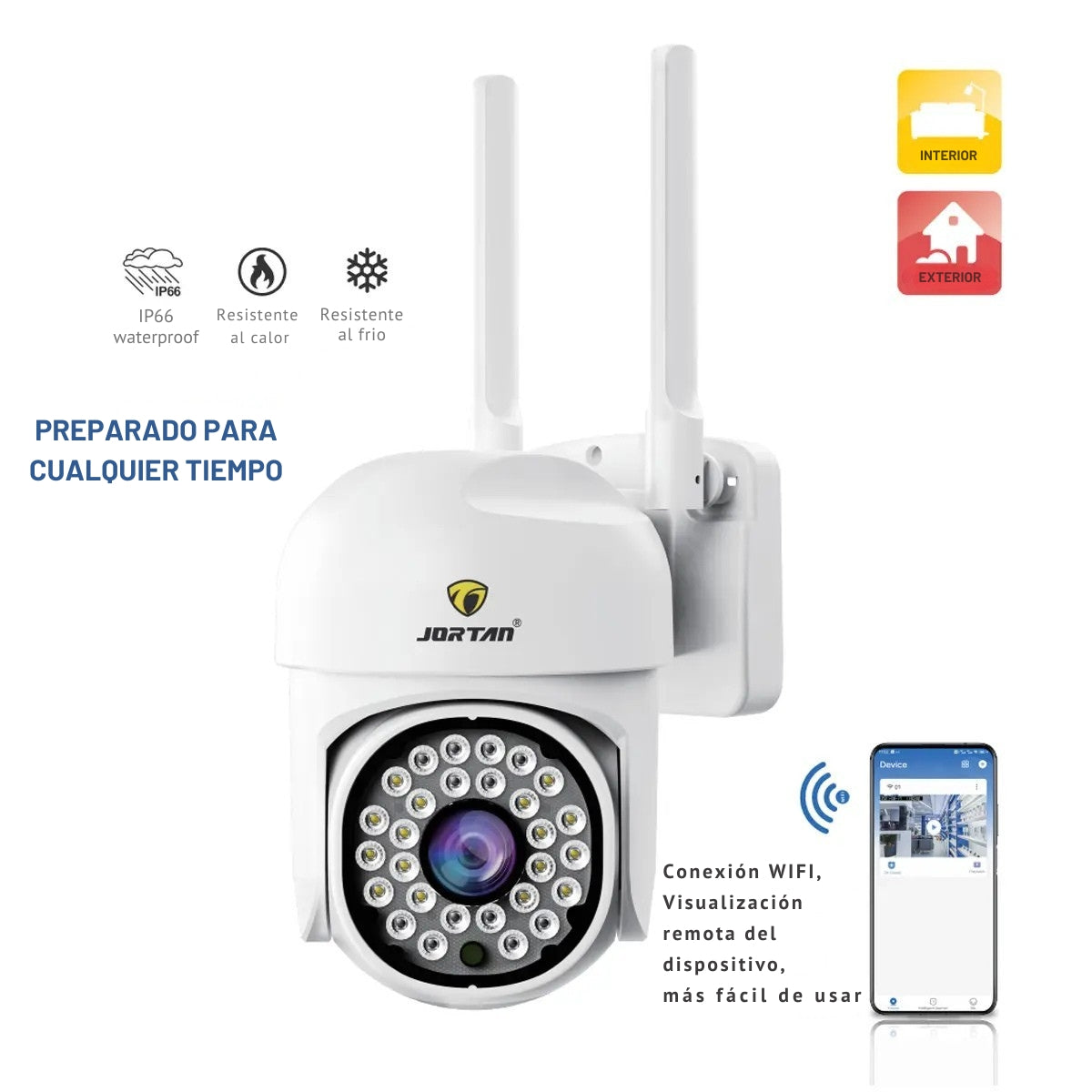Cámara de seguridad blanca con dos antenas, un smartphone mostrando una vista en vivo e iconos para uso interior y exterior.