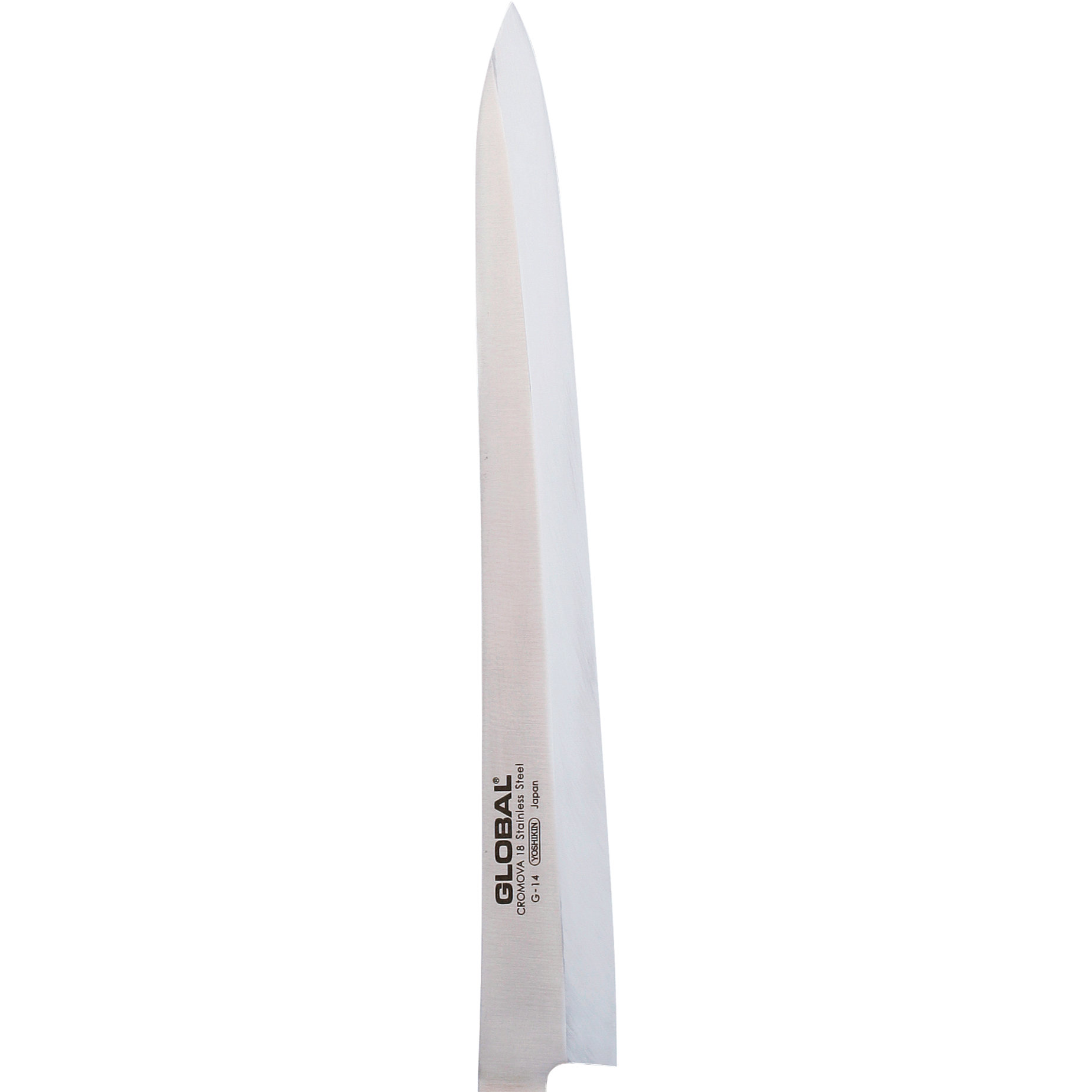 Ein Küchenmesser aus Edelstahl mit langer, scharfer Klinge. Das Messer ist vor weißem Hintergrund abgewinkelt.