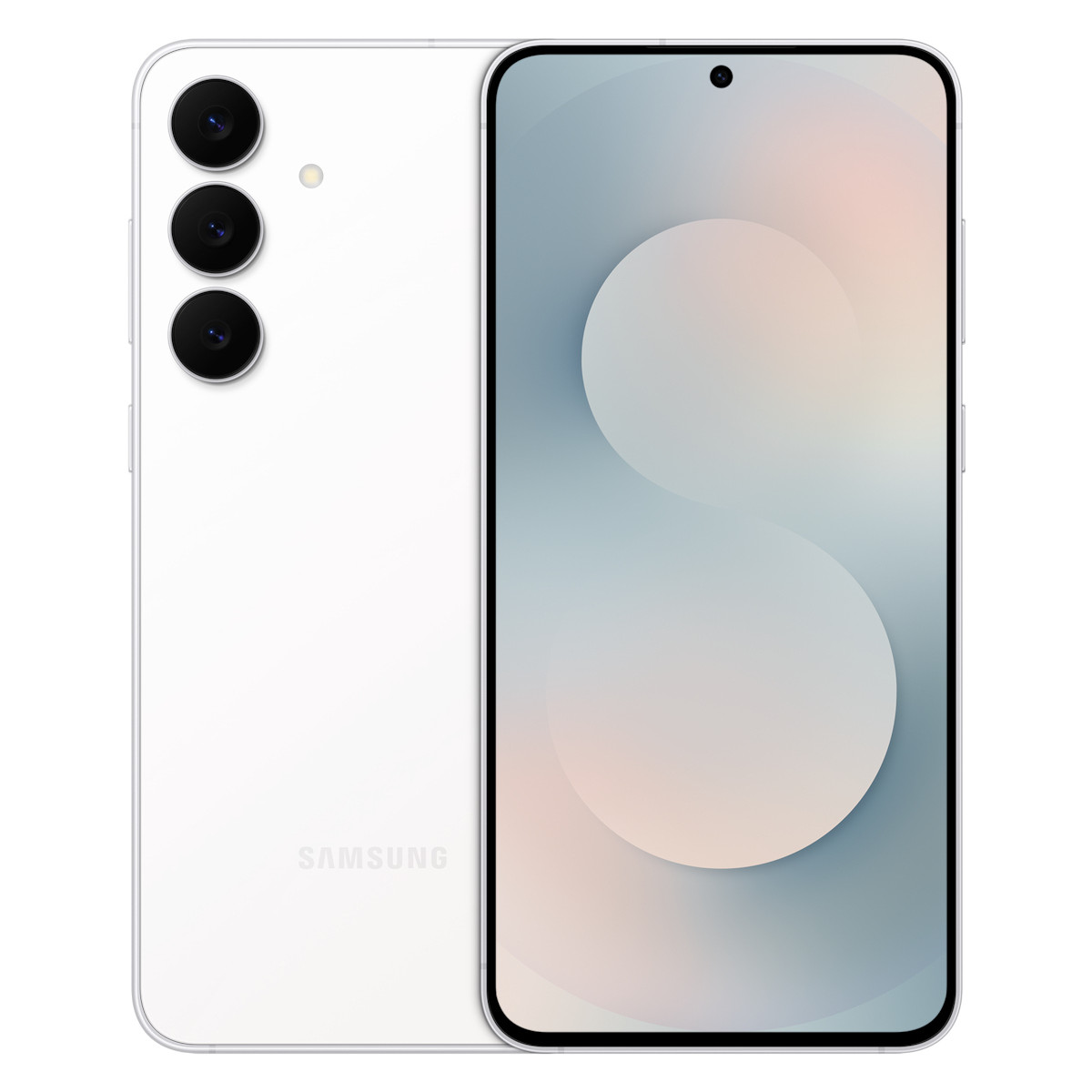Weißes Samsung-Telefon, Rückseite und Bildschirm sichtbar. Rückseite hat Kameras, Vorderseite Display mit weichem Hintergrund.