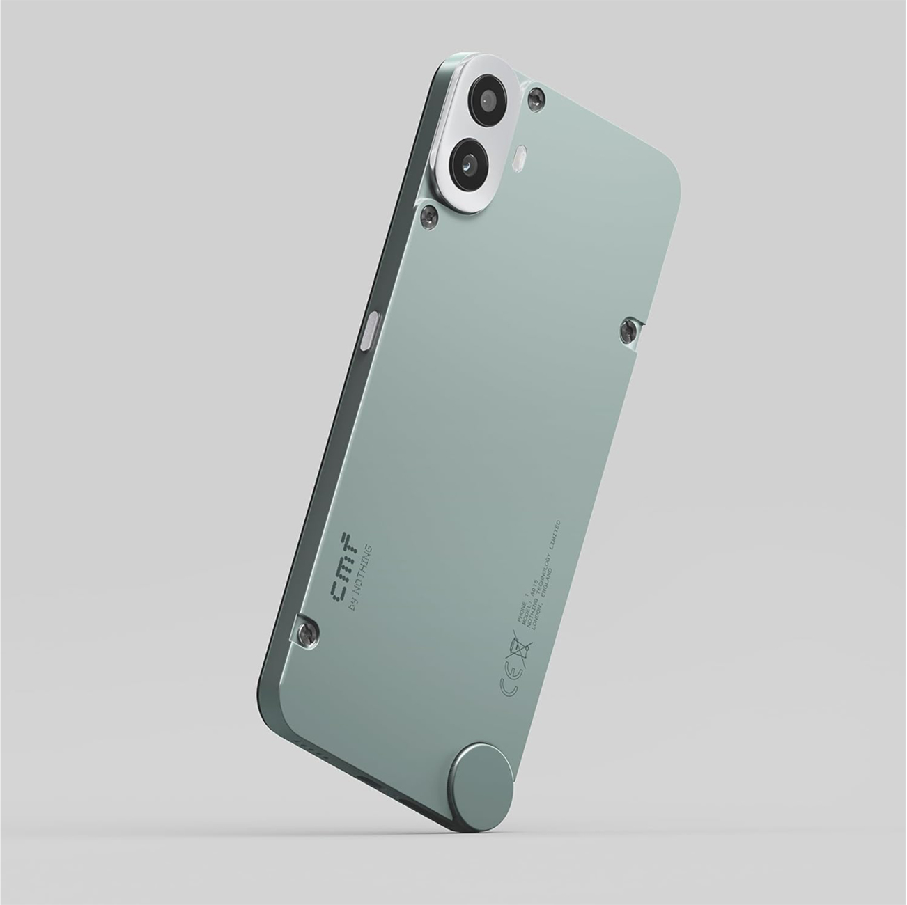Ein mintfarbenes Telefon mit Dual-Objektiv-Kamera. Das Telefon hat einen Ständer. Der Hintergrund ist hellgrau.