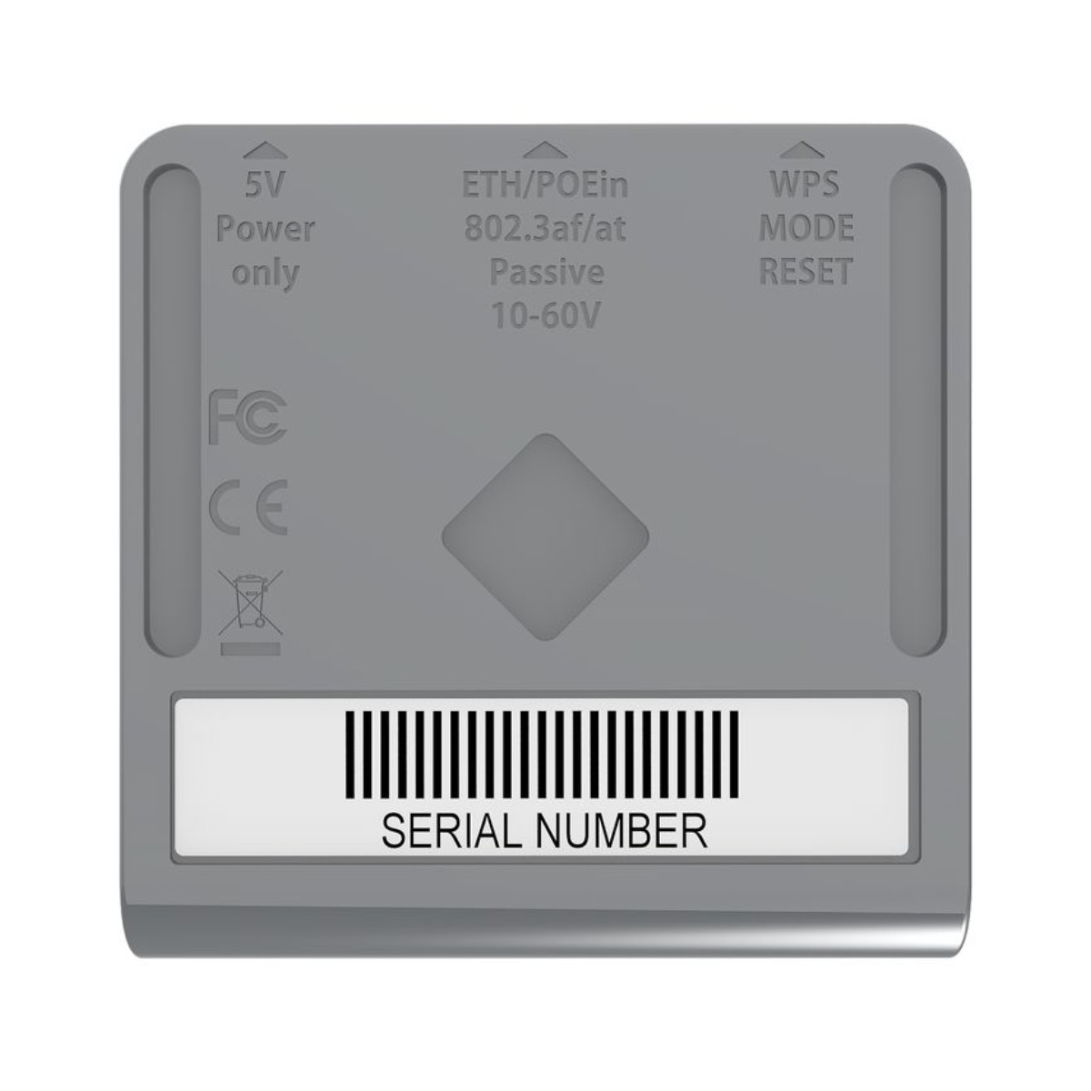 Ein graues Gerät mit Textbeschriftungen: 5V Power, ETH/POEin, WPS Mode und Serial Number. Ein Barcode ist sichtbar.