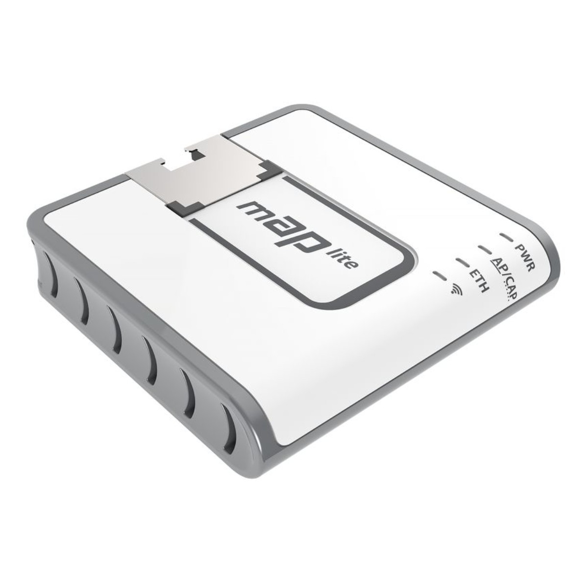 Ein weißes und graues Gerät mit dem Text 'map lite'. Es hat Kontrollleuchten für Strom, AP/CAP und Ethernet.