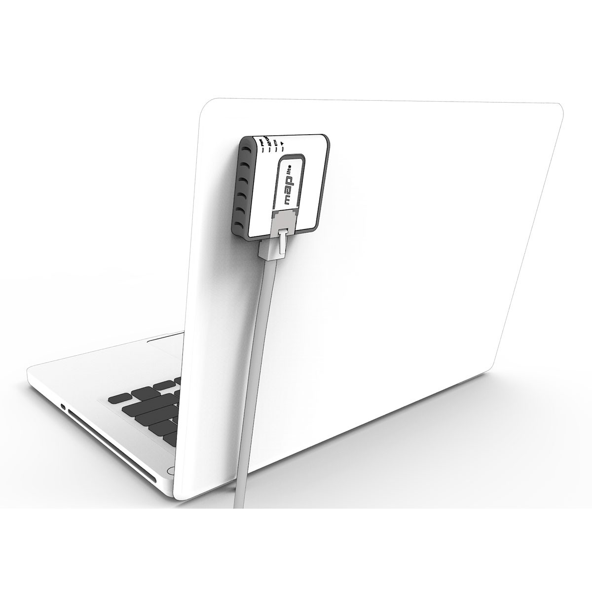 Ein weißer Laptop mit einem angeschlossenen Gerät auf der Rückseite. Das Gerät hat ein Kabel und den Markennamen 'map lite'.