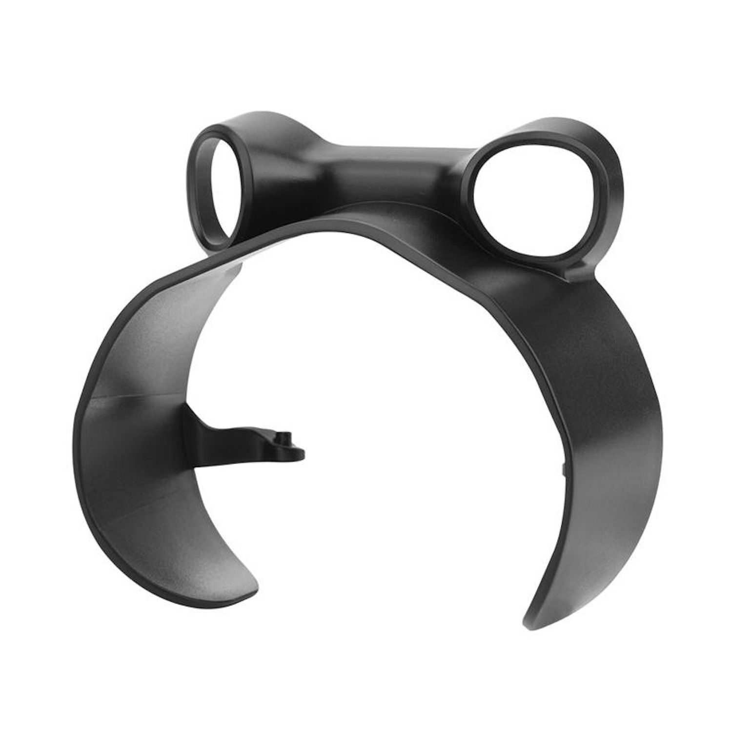 Un dispositivo di plastica nera con due aperture circolari e una base curva. Sembra essere un componente di un prodotto più grande.
