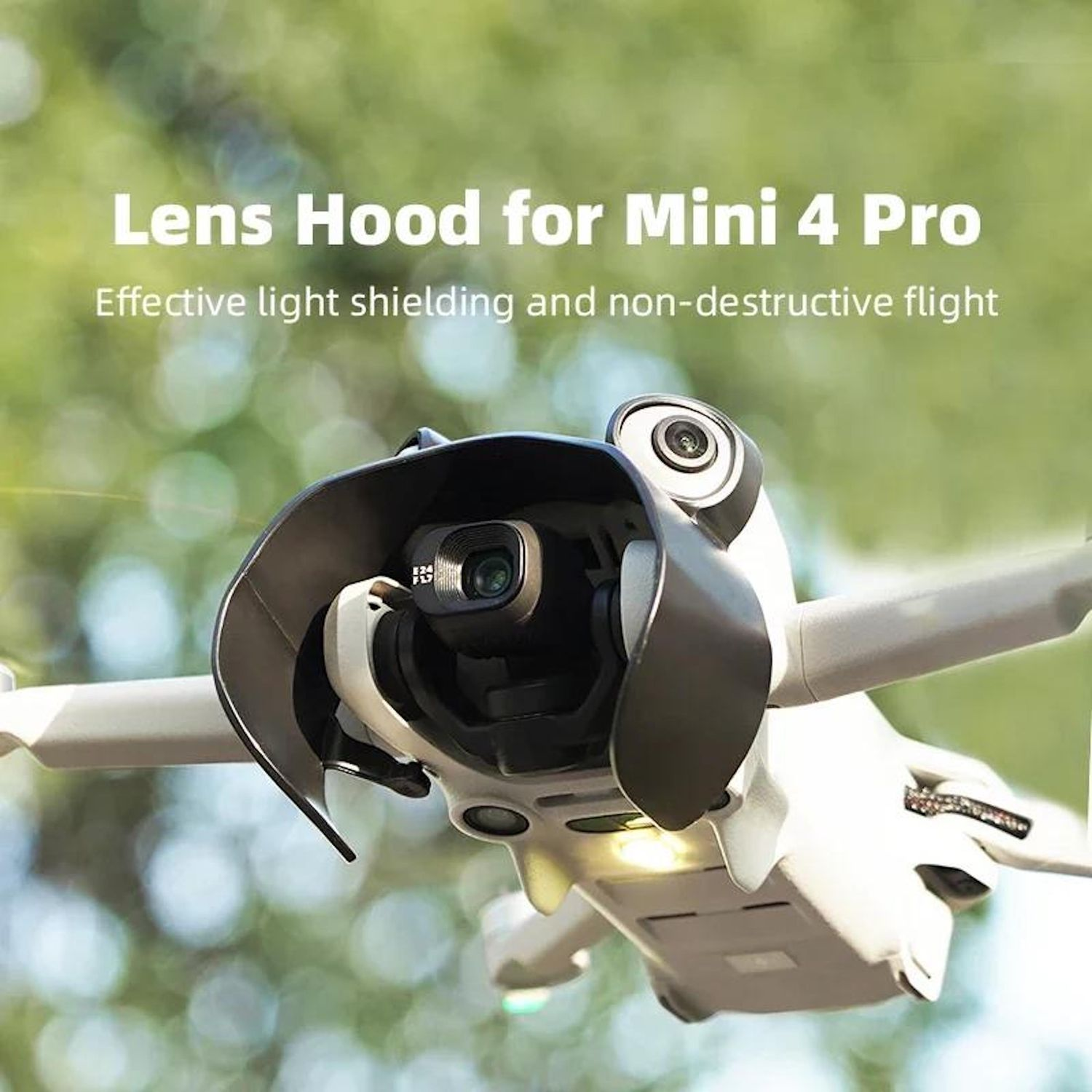 Un drone con paraluce. Il testo dice 'Lens Hood for Mini 4 Pro'. Lo sfondo è un fogliame verde sfocato.