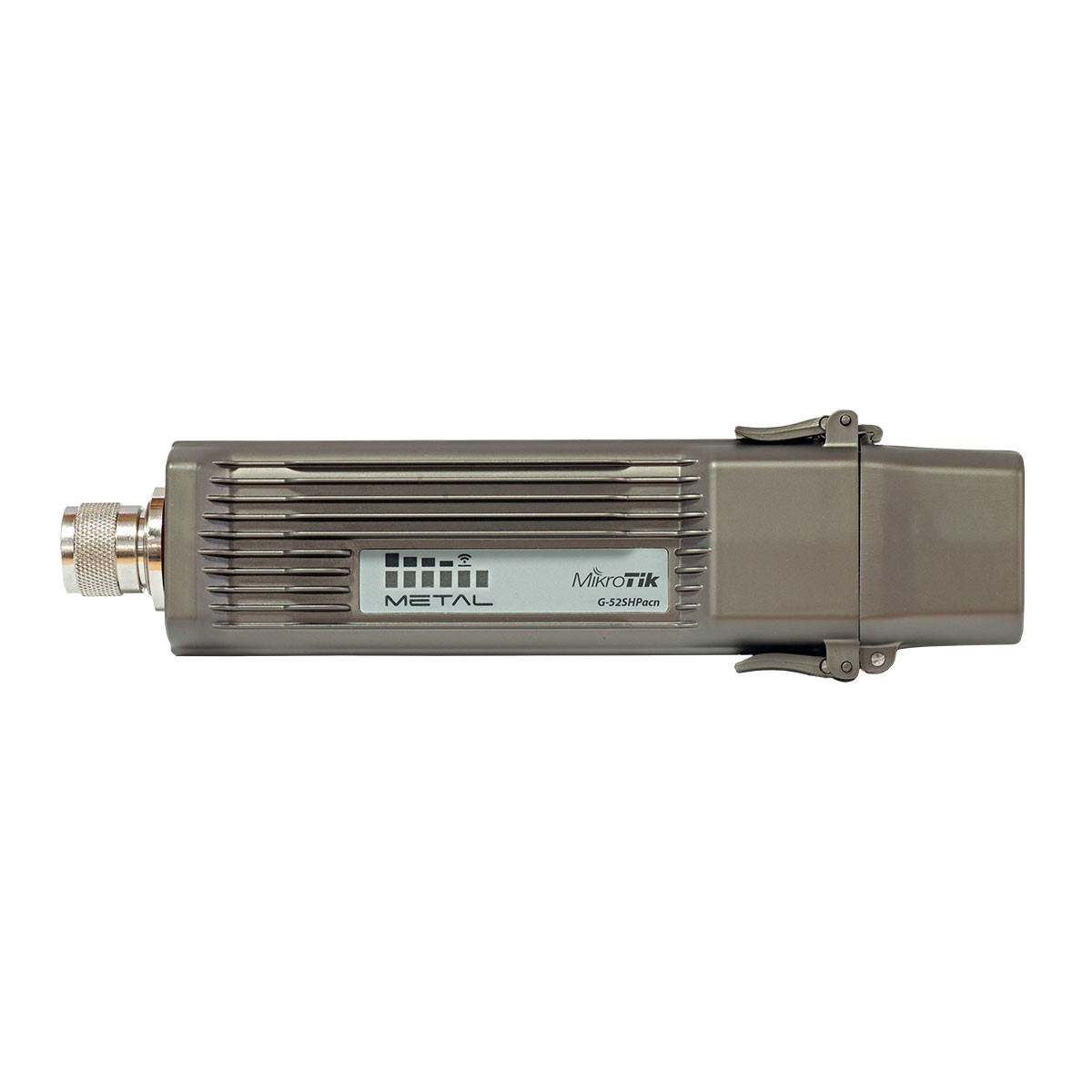 Szary punkt dostępu bezprzewodowego Mikrotik, oznaczony METAL i G-52SHPacn, ze srebrnym złączem po lewej i dwoma zatrzaskami po prawej.