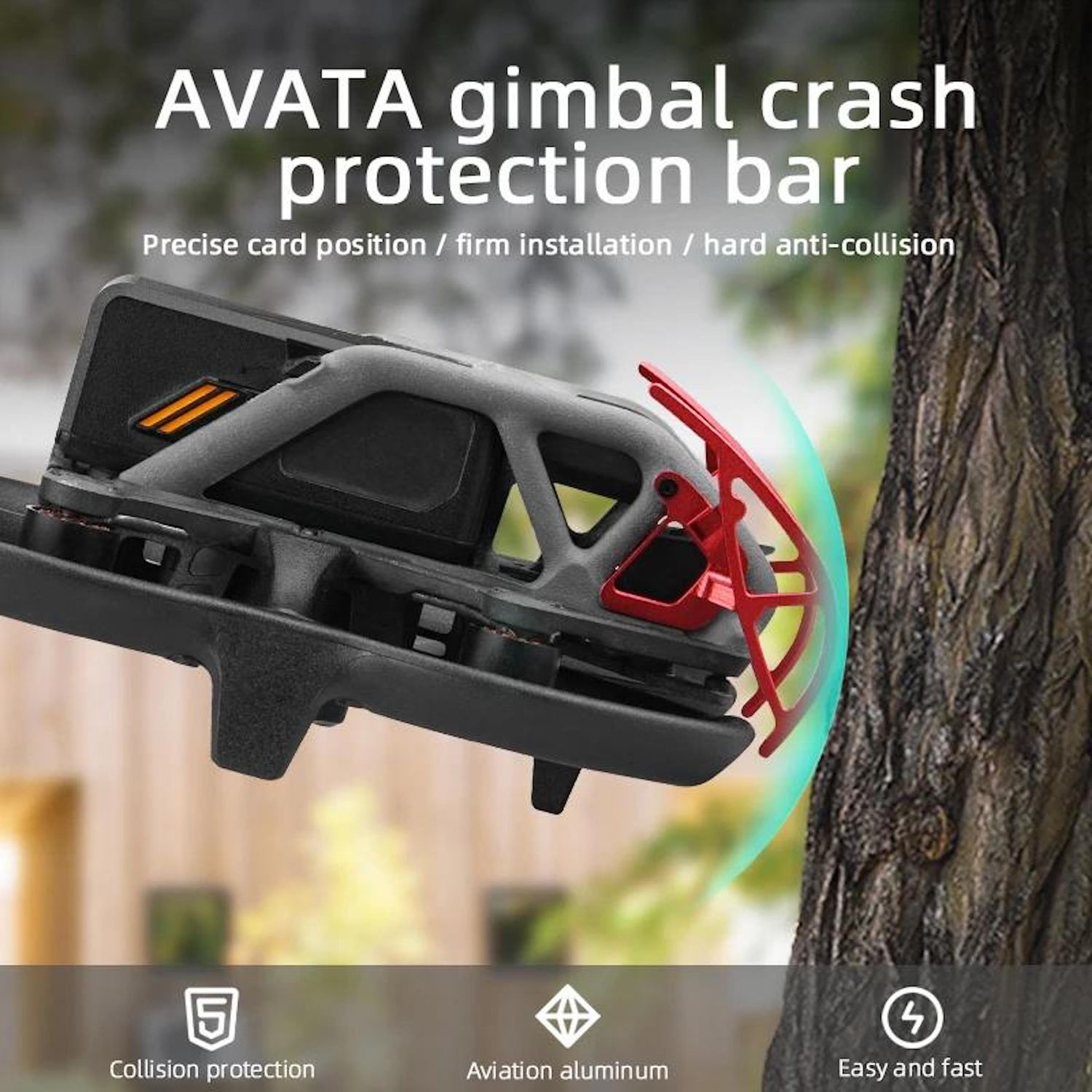 Una barra di protezione dagli urti del gimbal AVATA. Il dispositivo nero e grigio ha dettagli rossi. Lo sfondo presenta un tronco d'albero e icone.