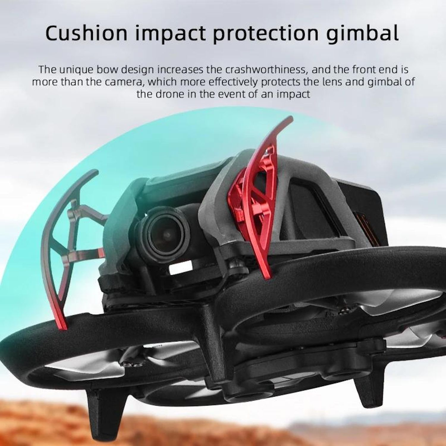 Un drone nero con elementi protettivi rossi. Ha una fotocamera ed eliche. Lo sfondo è sfocato con testo.