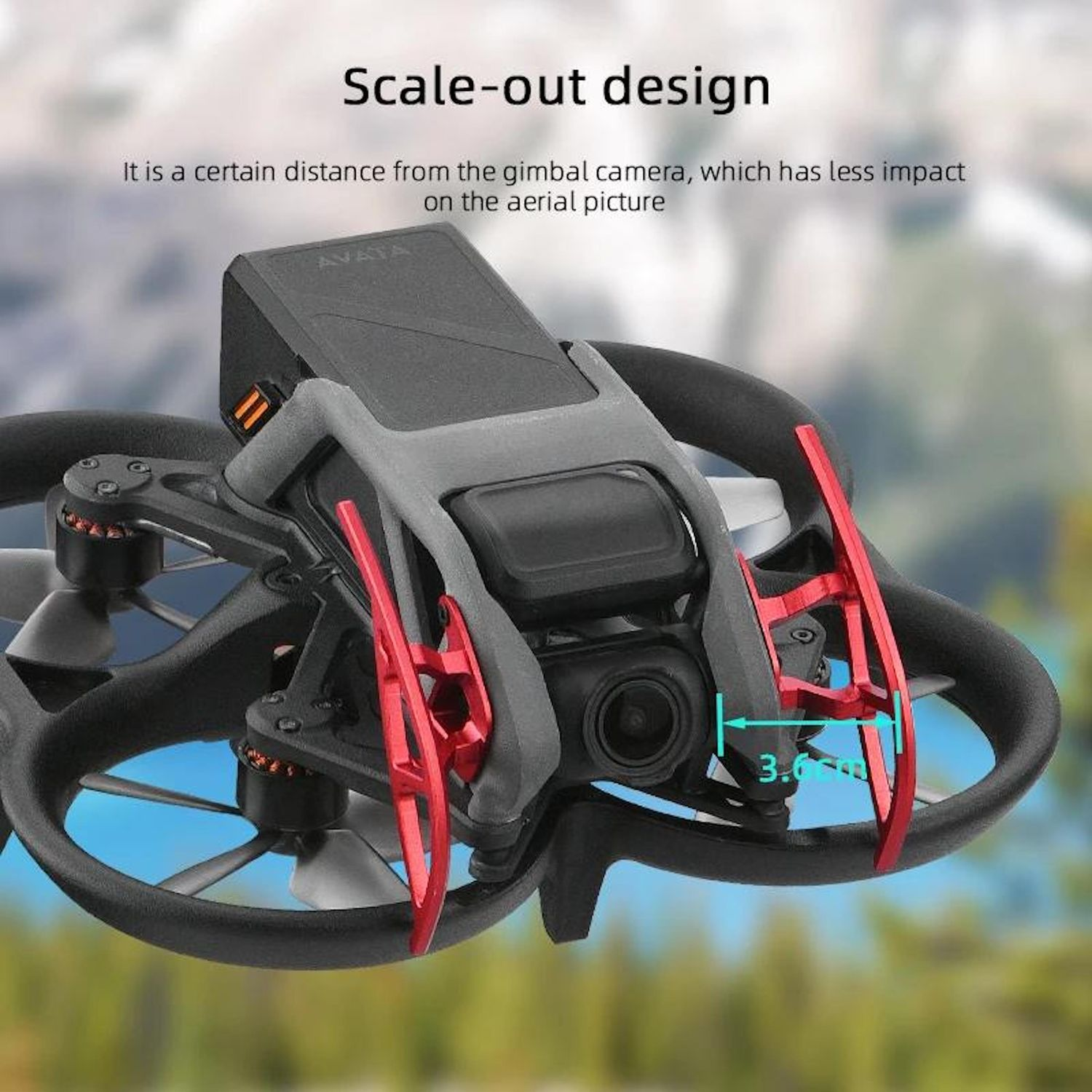 Un drone con telecamera, dettagli rossi e una misura di 3,6 cm. Il testo indica un design di scala.