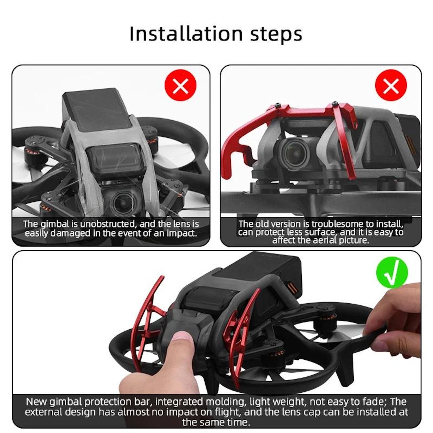 Fasi di installazione per un drone. Mostra tre immagini con un gimbal per drone. I primi due hanno segni X rossi, l'ultimo ha un segno di spunta verde.