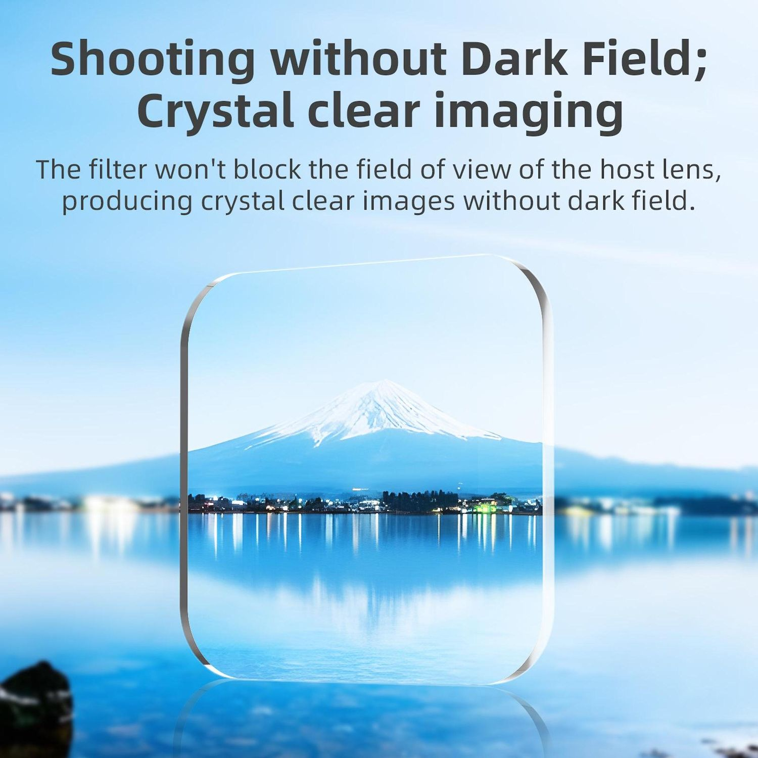 L'immagine mostra una scena lacustre con una montagna e un filtro per lenti, evidenziando immagini cristalline, con sovrapposizione di testo.