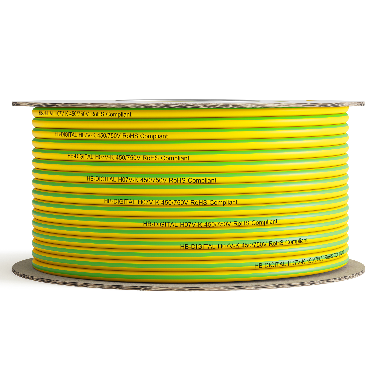 Eine gelb-grüne Kabelrolle mit der Aufschrift 'HB-DIGITAL H07V-K 450/750V RoHS Compliant' auf weißem Hintergrund.