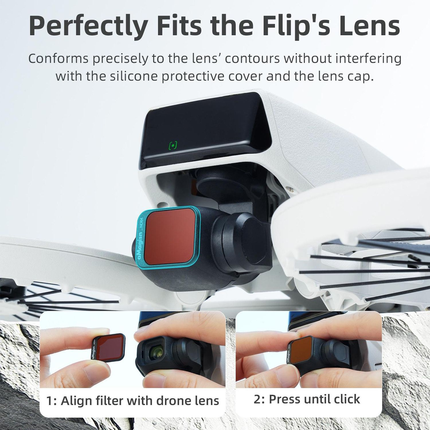 Obiettivo del drone con filtro in fase di installazione. Vengono mostrate due mani, una che allinea e l'altra che preme il filtro. Istruzioni presenti.
