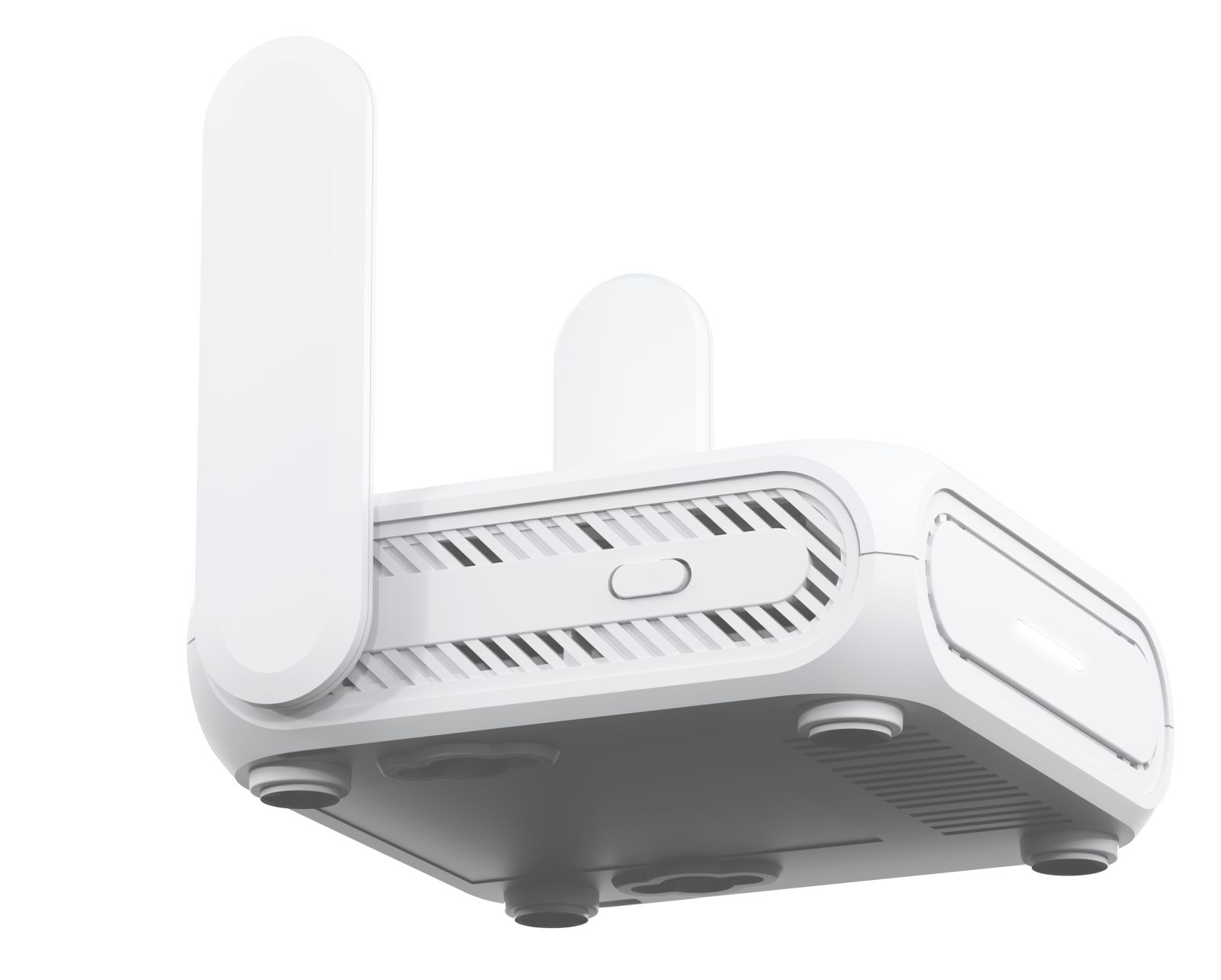 Ein weißer Router mit zwei Antennen. Er hat Luftschlitze, ein gebogenes Design und einen Power-Knopf.