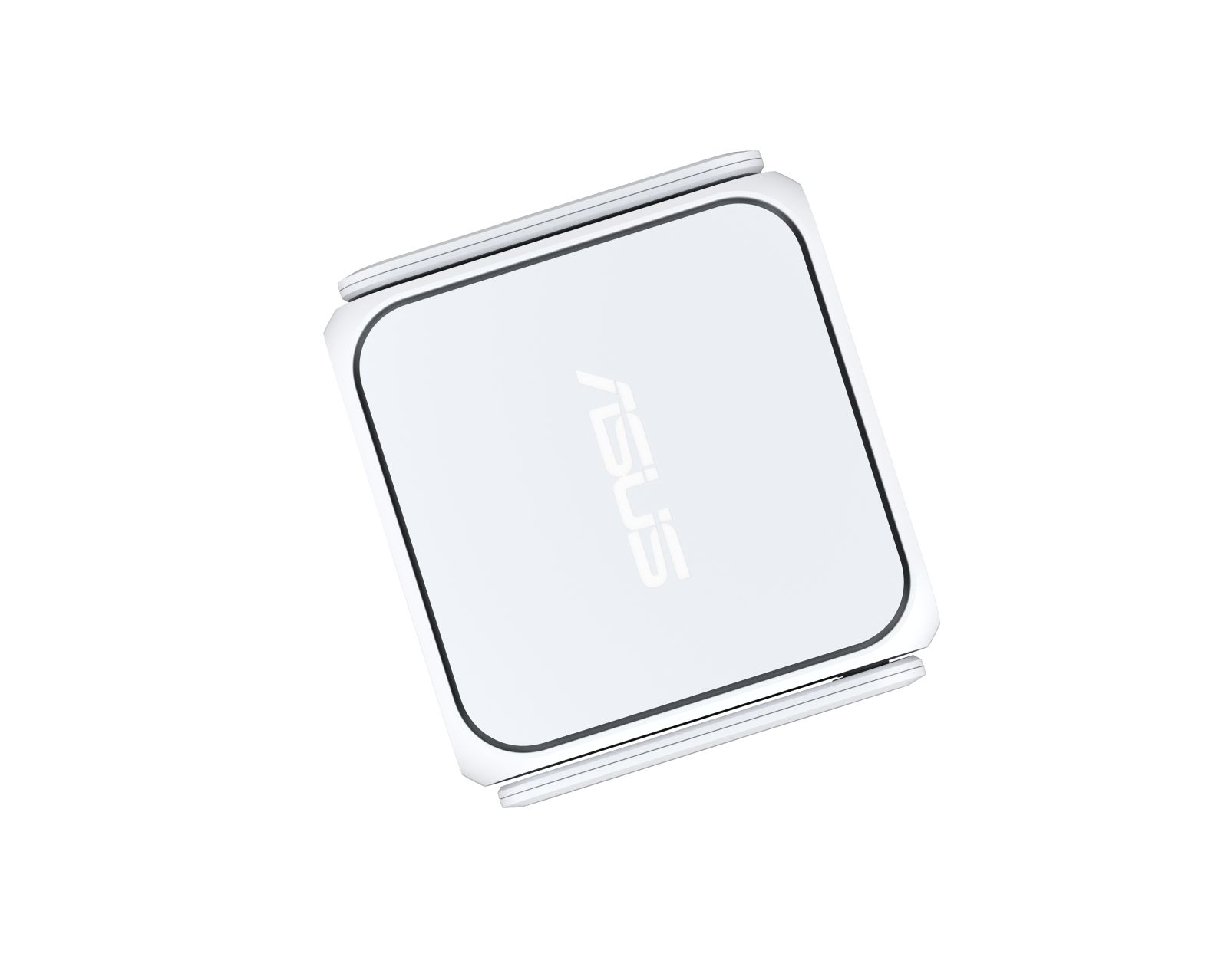 Ein weißes ASUS-Gerät, rechteckig mit abgerundeten Ecken, auf weißem Hintergrund. Das ASUS-Logo ist sichtbar.