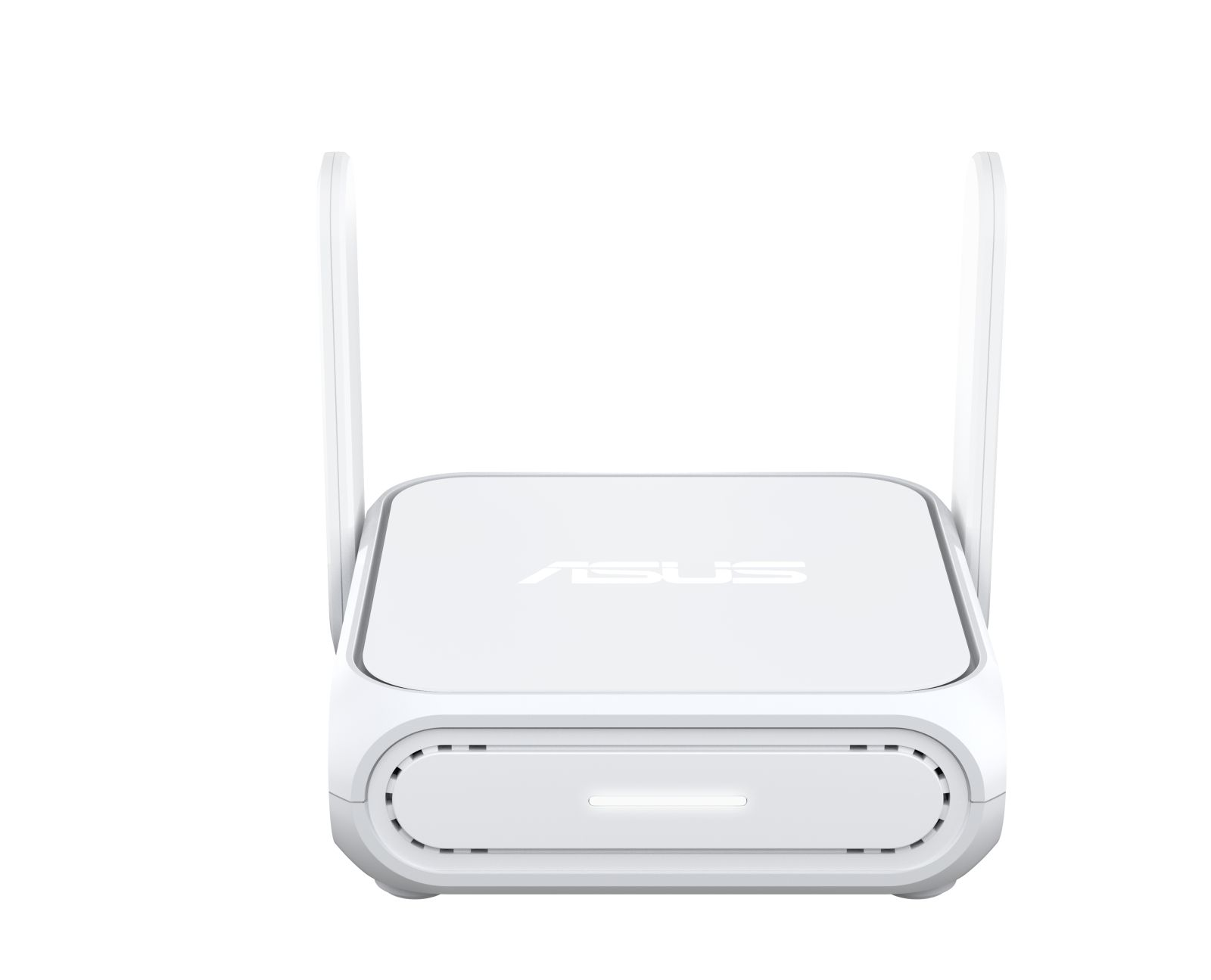 Ein weißer ASUS-Router mit zwei Antennen. Der Router hat abgerundete Kanten, und das ASUS-Logo ist oben sichtbar.