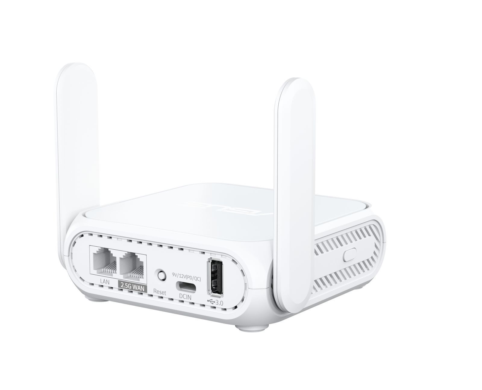 Weißer Router mit zwei Antennen. Anschlüsse: LAN, WAN, USB. Mit Reset-Taste und Stromeingang.