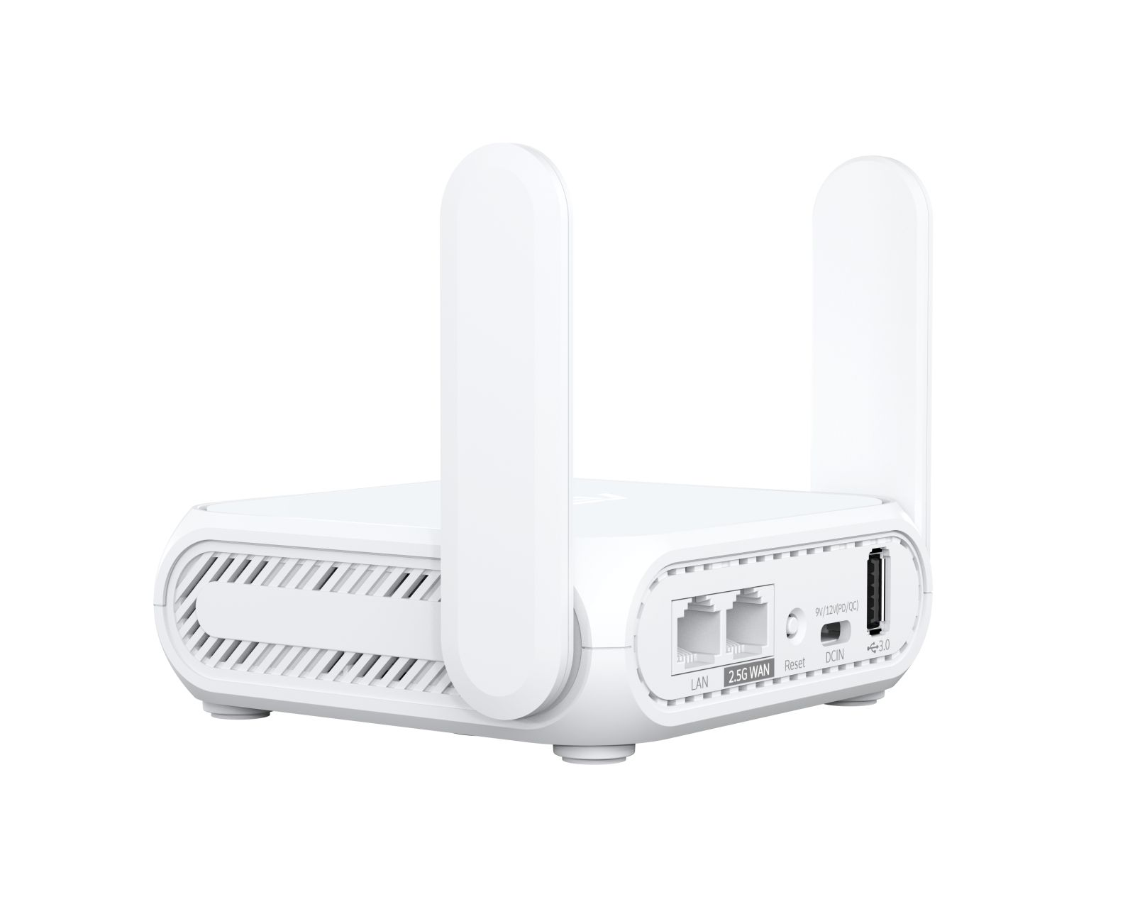 Weißer Router mit zwei Antennen. Er hat LAN-, WAN-, Reset- und DCIN-Anschlüsse. Ein USB-Anschluss ist ebenfalls sichtbar.