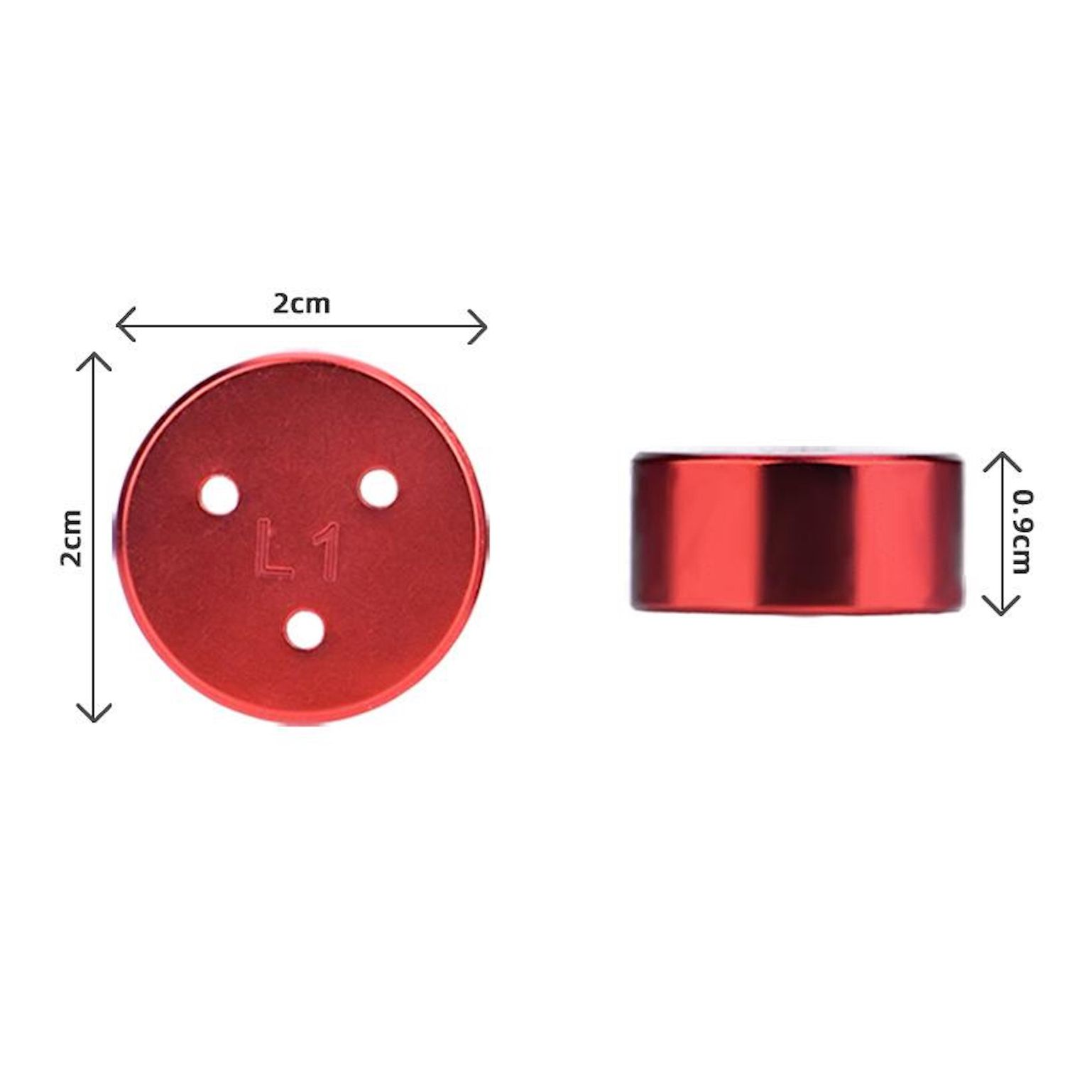 Zwei Ansichten einer roten Metallscheibe mit drei Löchern und dem Text "L1". Abmessungen sind angegeben: 2 cm x 2 cm und 0,9 cm.
