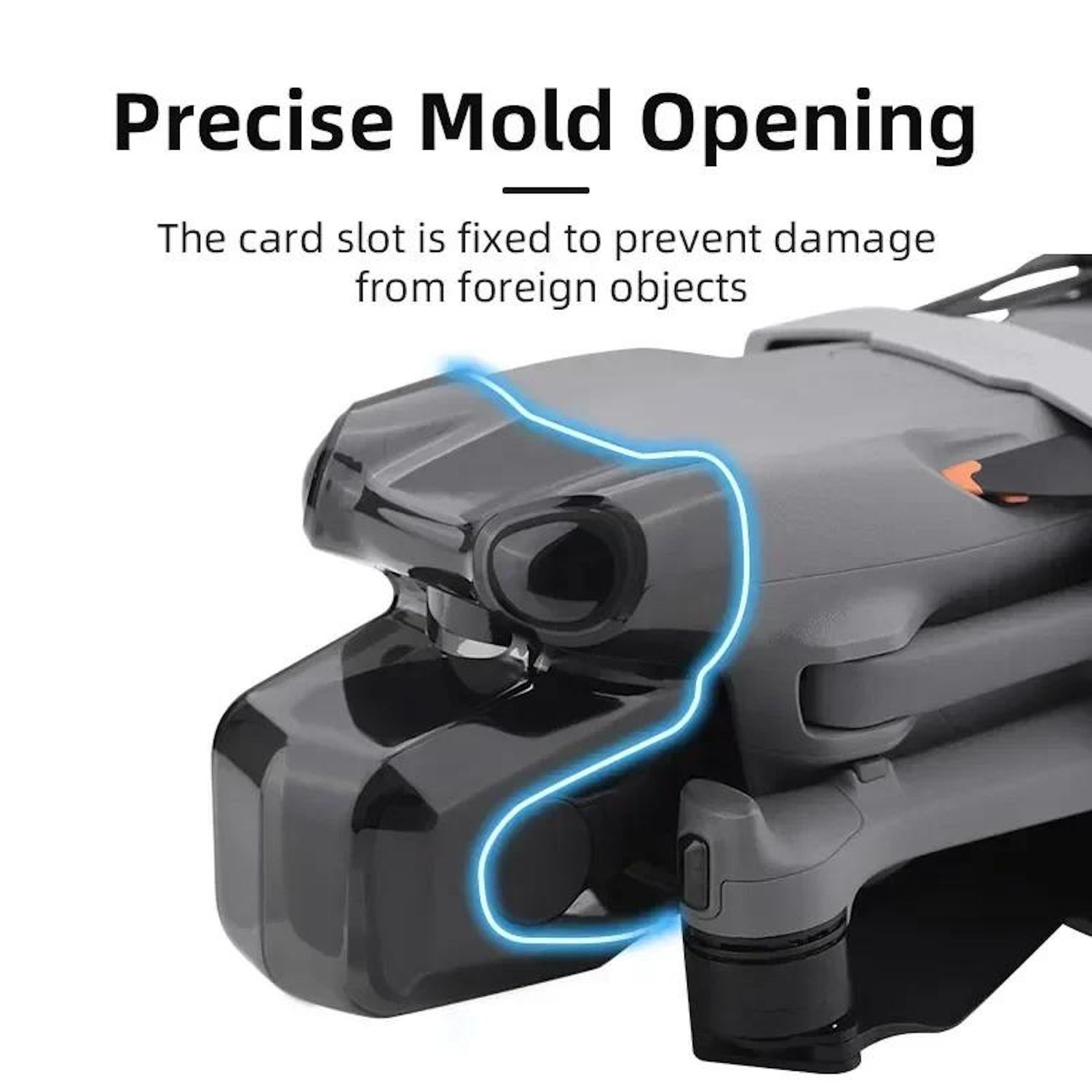 Un drone grigio con parte anteriore nera è mostrato. Il testo 'Precise Mold Opening' e una descrizione sono visibili.