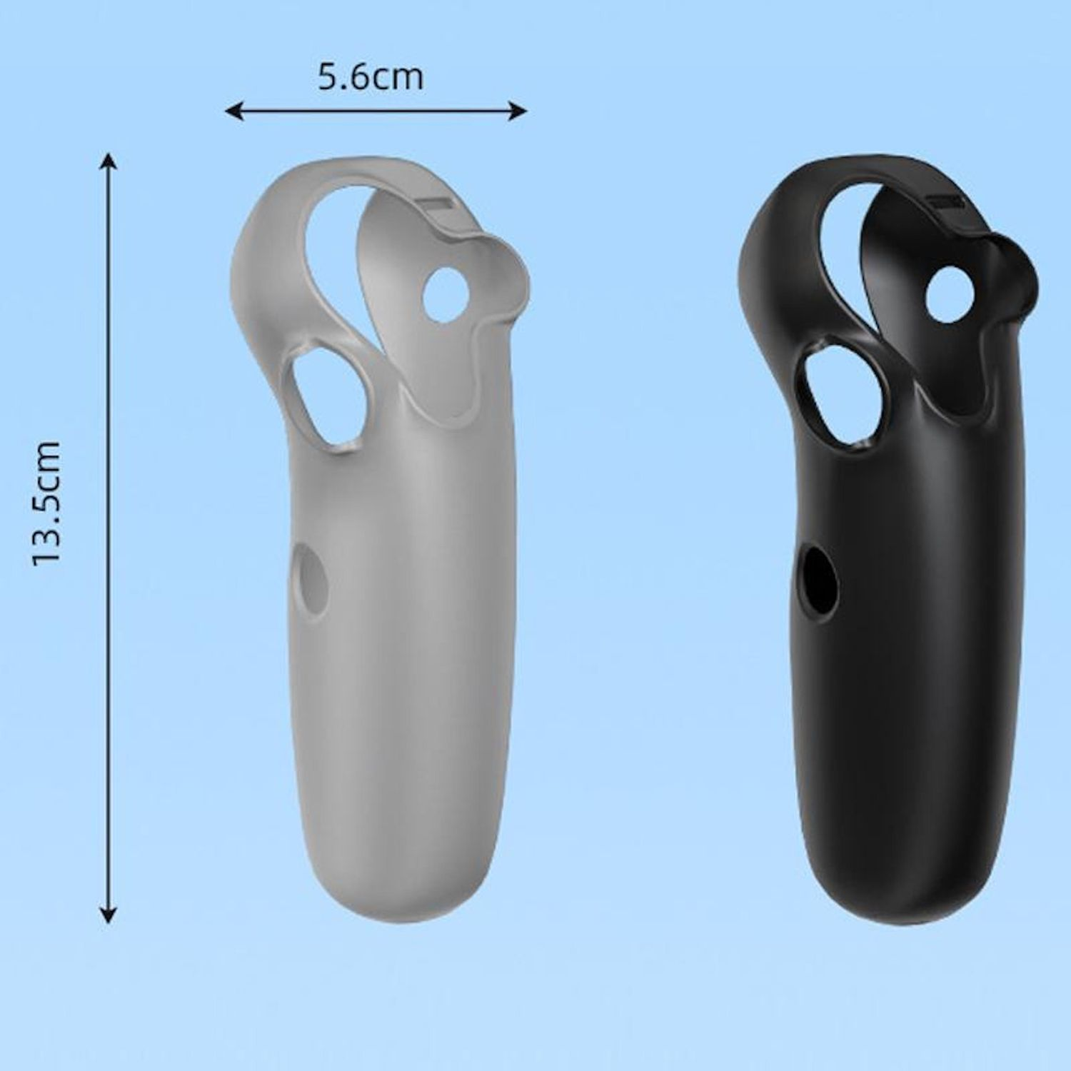 Due impugnature per cuffie VR, una grigia, una nera. Le dimensioni sono 13,5 cm di altezza e 5,6 cm di larghezza. Entrambe hanno fori.
