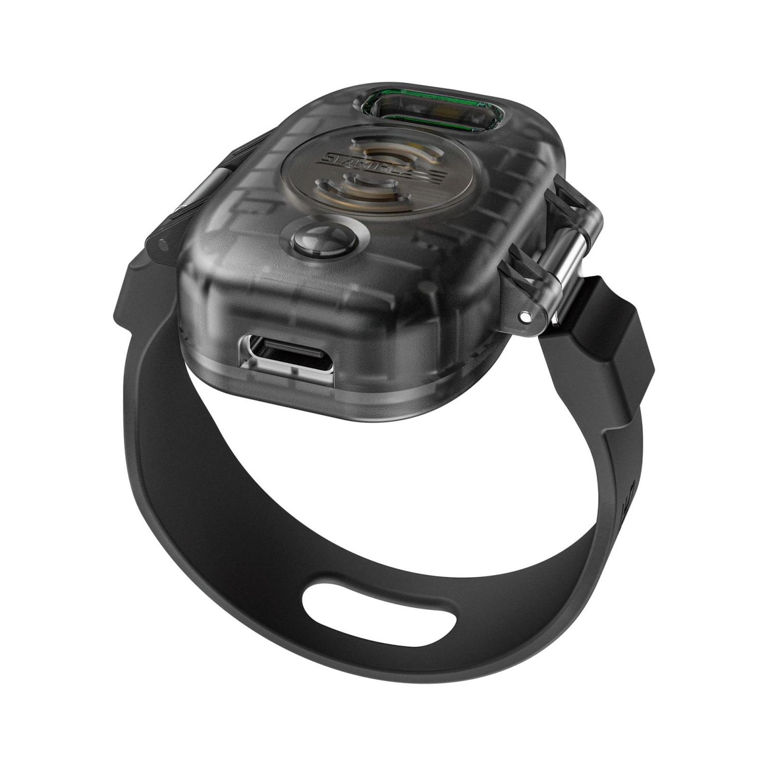 Ein schwarzes, uhrenähnliches Gerät mit transparentem Gehäuse. Es hat einen Bildschirm, einen USB-Anschluss und ein schwarzes Armband. Die Marke ist sichtbar.
